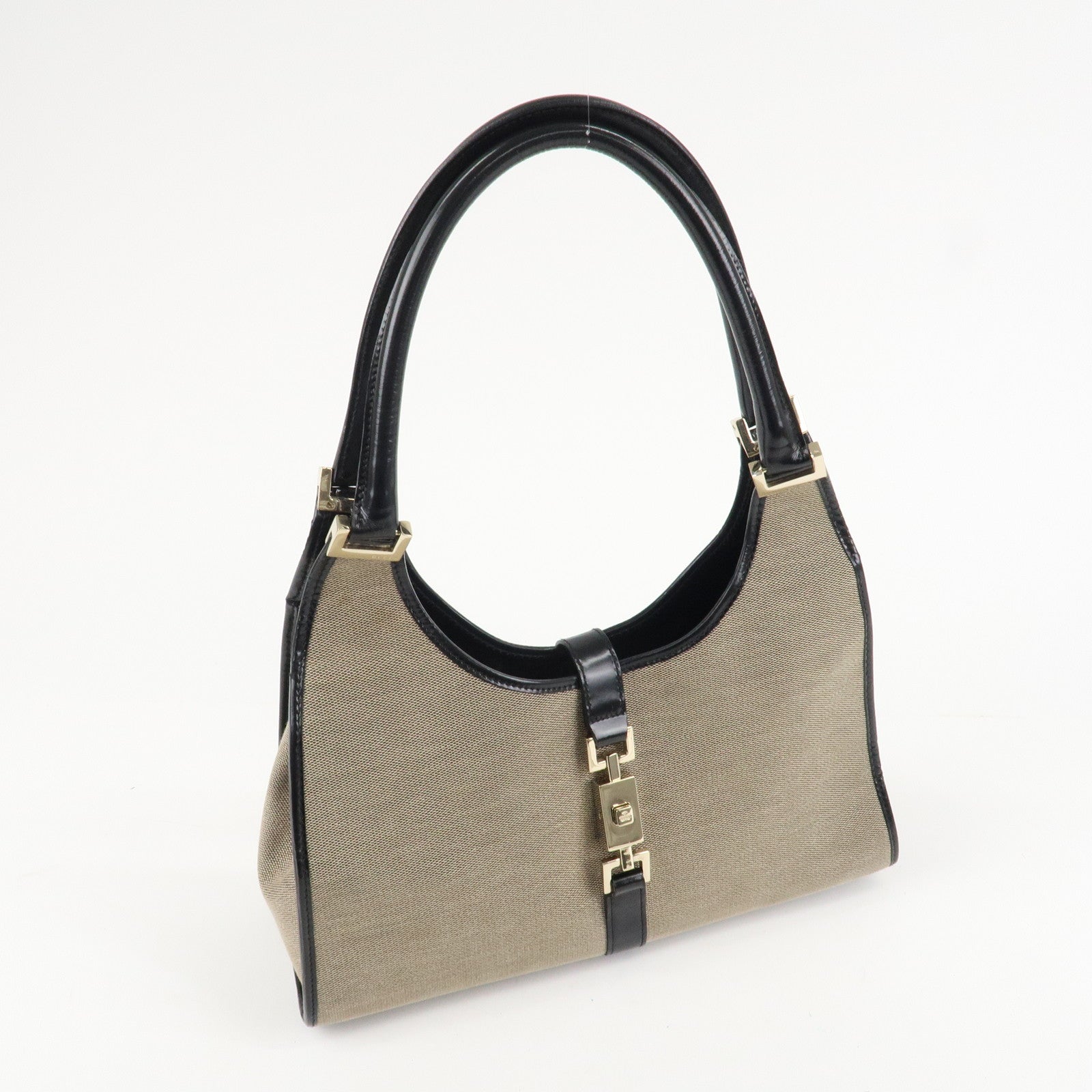 GUCCI Jackie Leather Shoulder Bag Beige Black 002.1067 Used