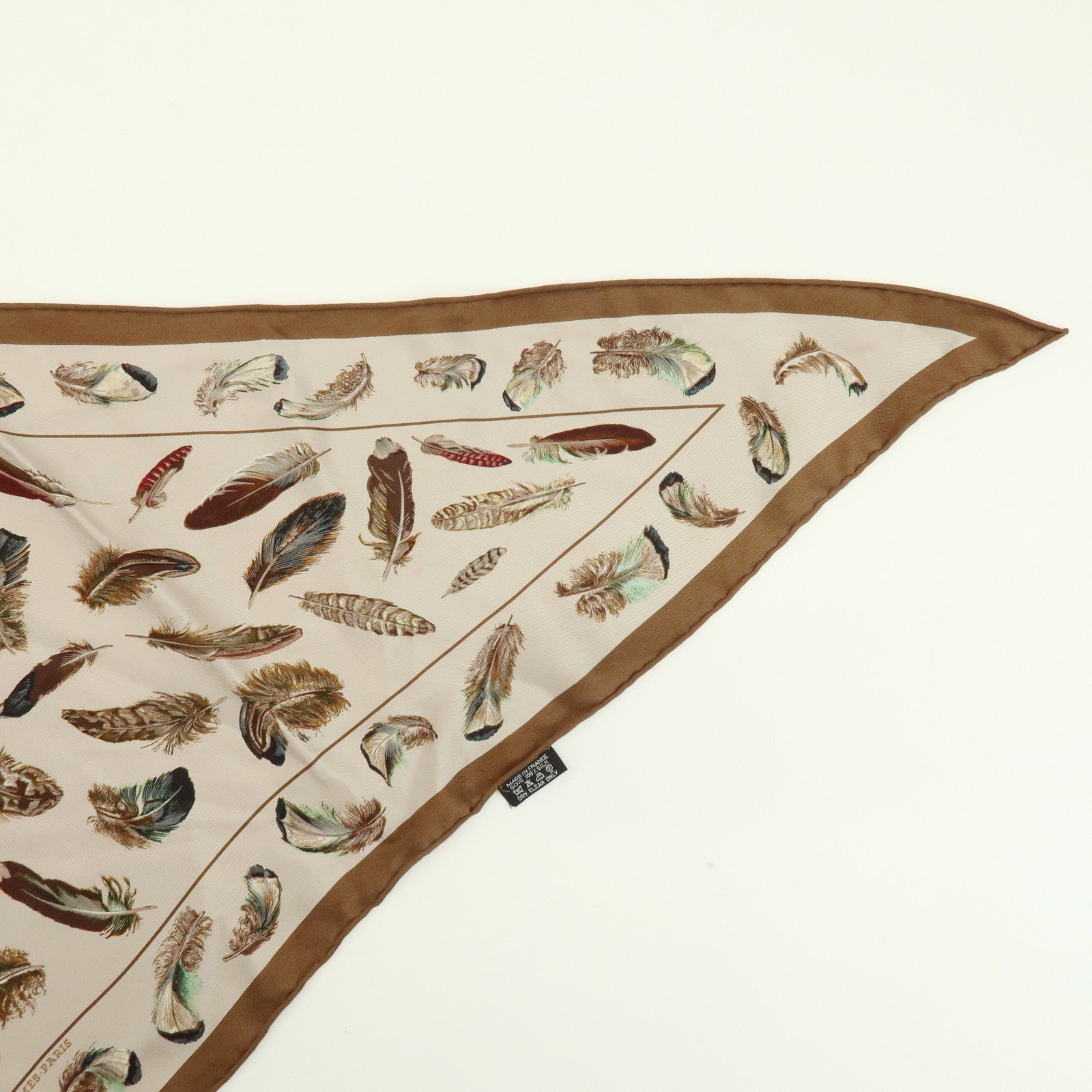 HERMES Pointu Silk 100% Scarf PLUMES Feather Print Brown Beige