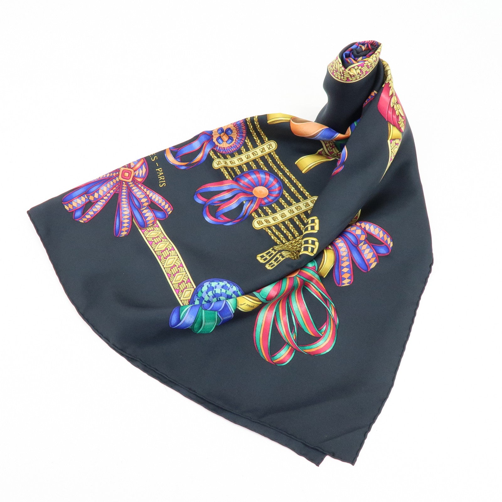 HERMES Carre 90 Silk 100% Scarf LES RUBANS DU CHEVAL Black Gold