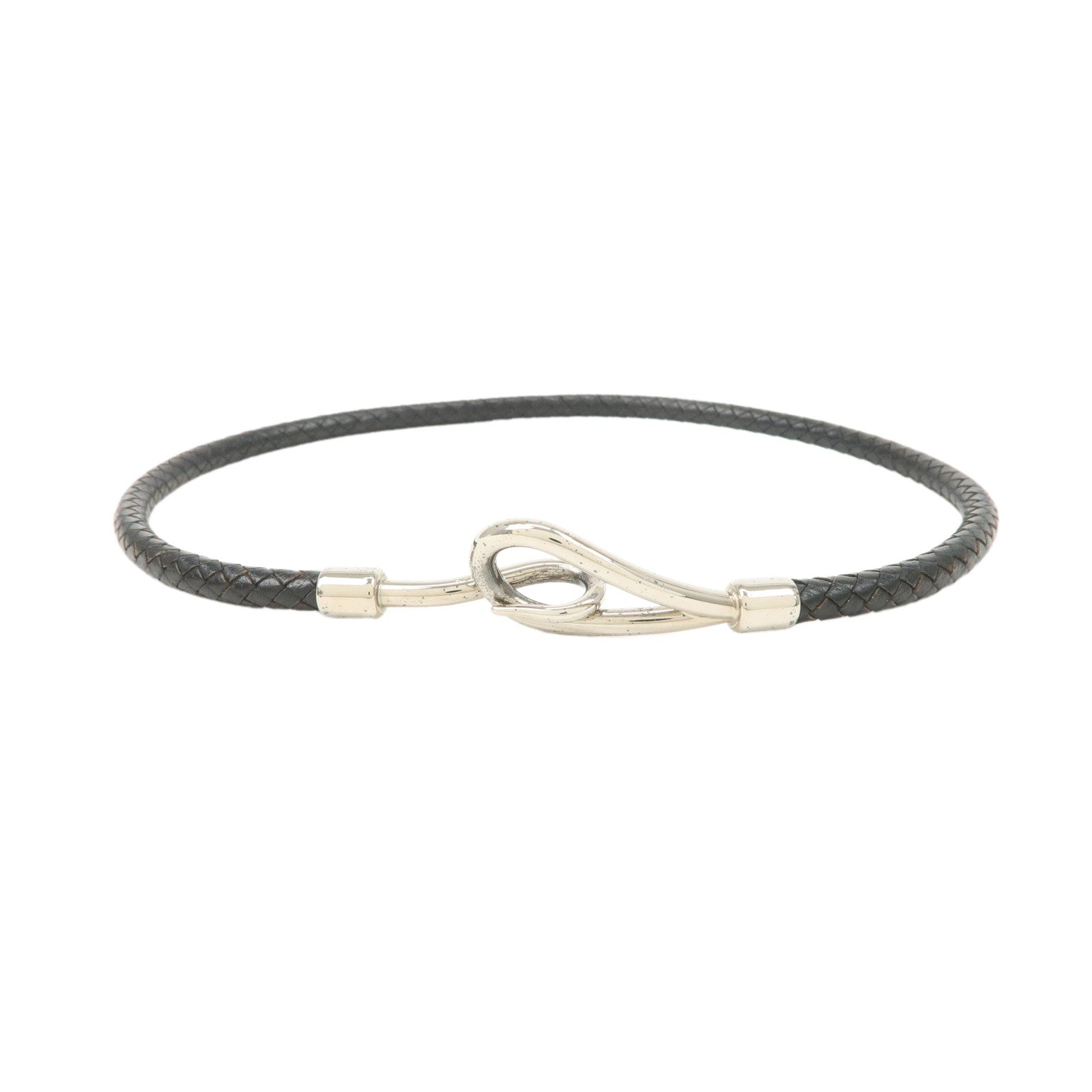 HERMES Leather Jumbo Choker Bracelet Black Silver HDW