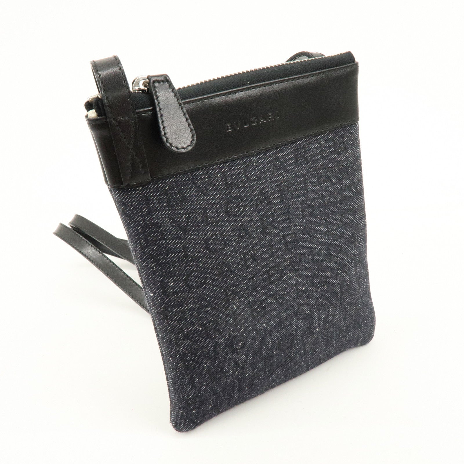 BVLGARI Logo Mania Denim Leather Shoulder Bag Crossbody Bag Black