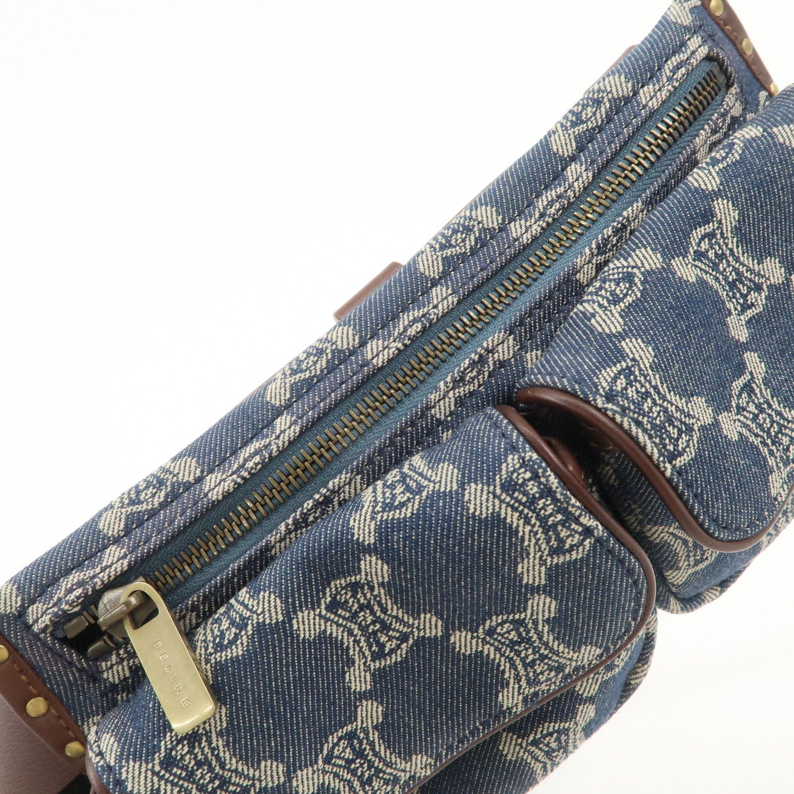 CELINE Macadam Waist Bag Denim Navy Dark Brown Gold HDW Used