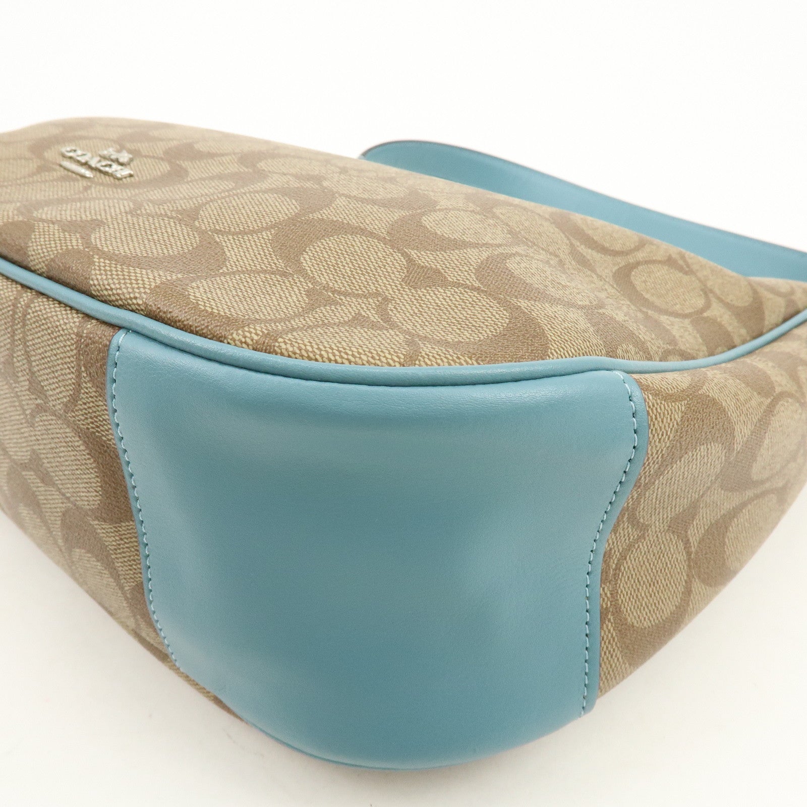 COACH Signature PVC Coated Canvas Leather Shoulder Bag Beige Blue