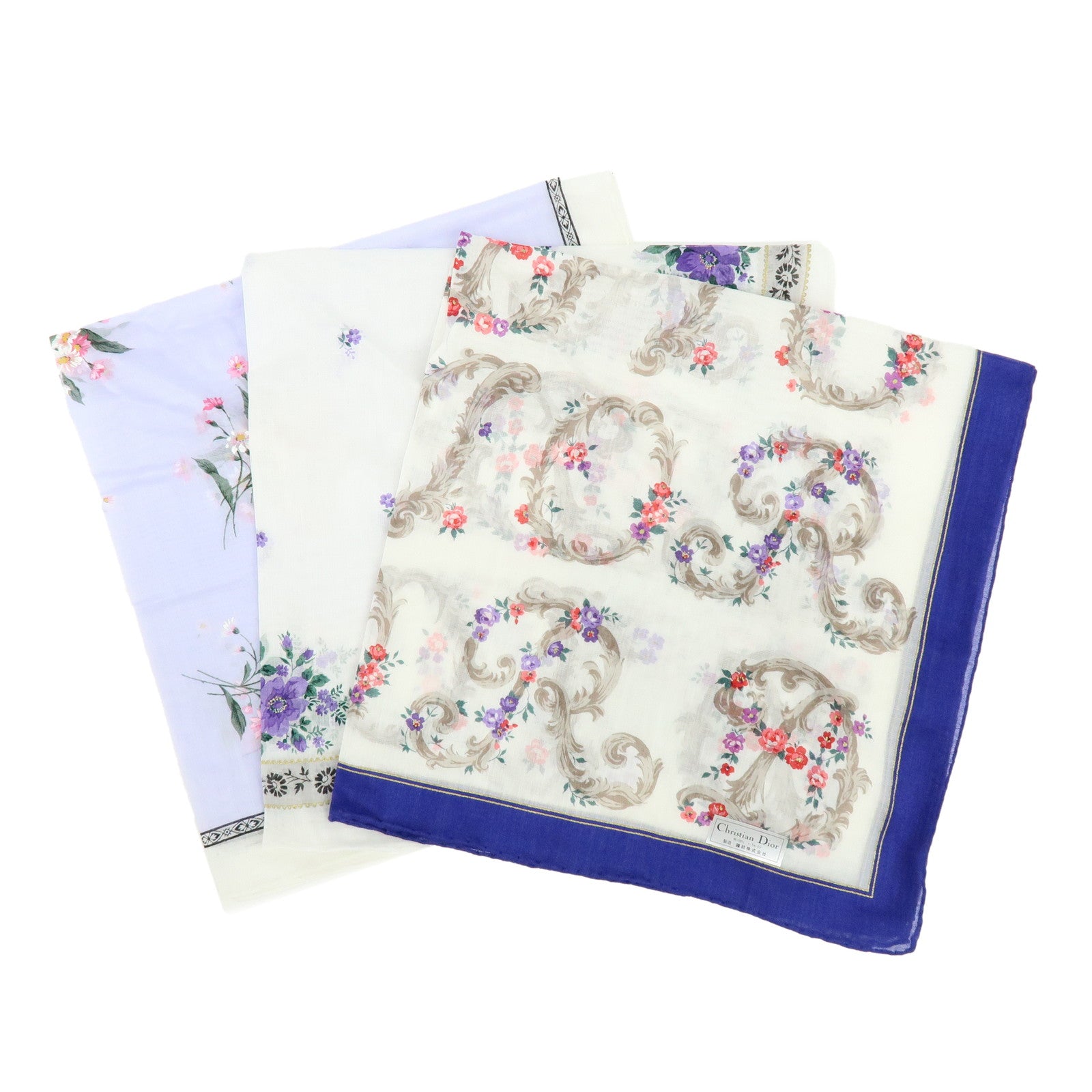 Christian Dior Set of 3 Cotton Handkerchief Flower White Purple