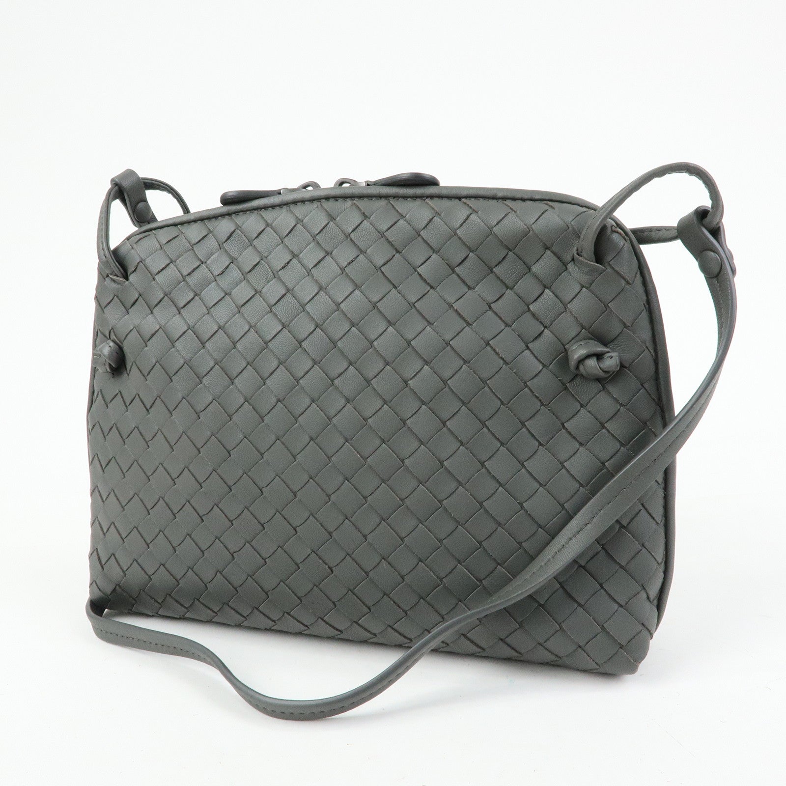 BOTTEGA VENETA Nodini Intrecciato Leather Shoulder Bag Gray 245354