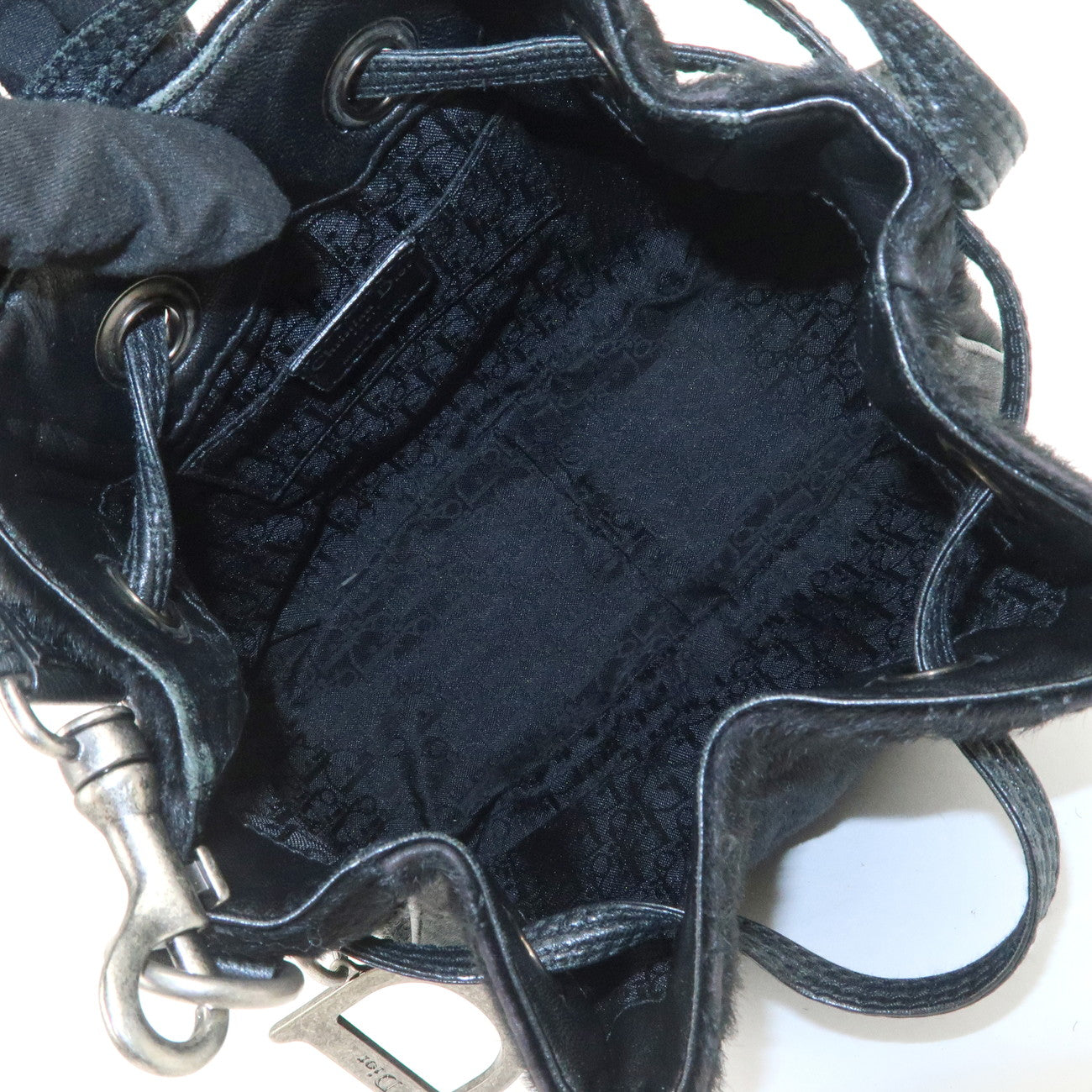 Christian Dior Unborn Carf Leather Drawstring Hand Bag Black Silver