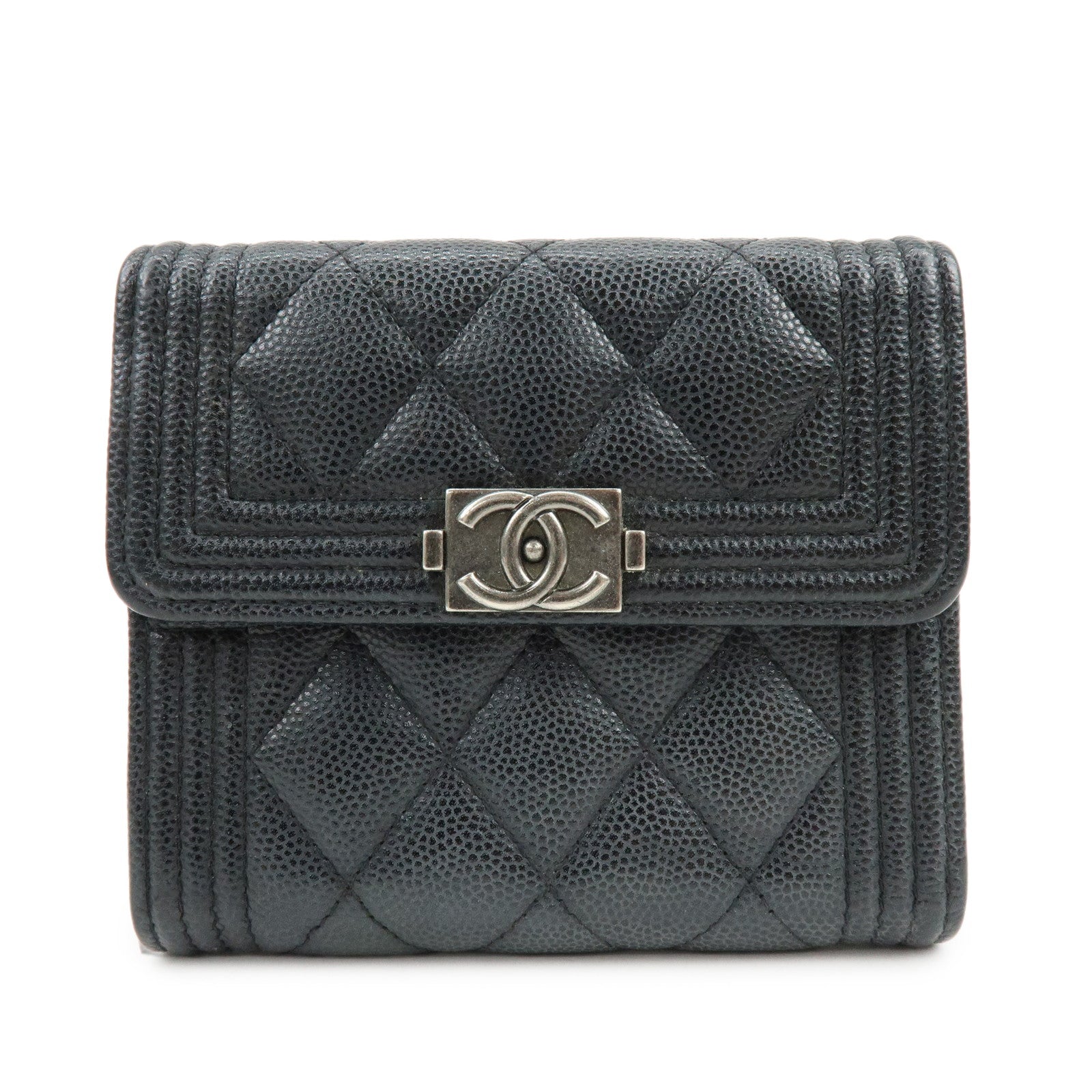 CHANEL Boy CHANEL Cavairskin Flap Compact Wallet Black A80734