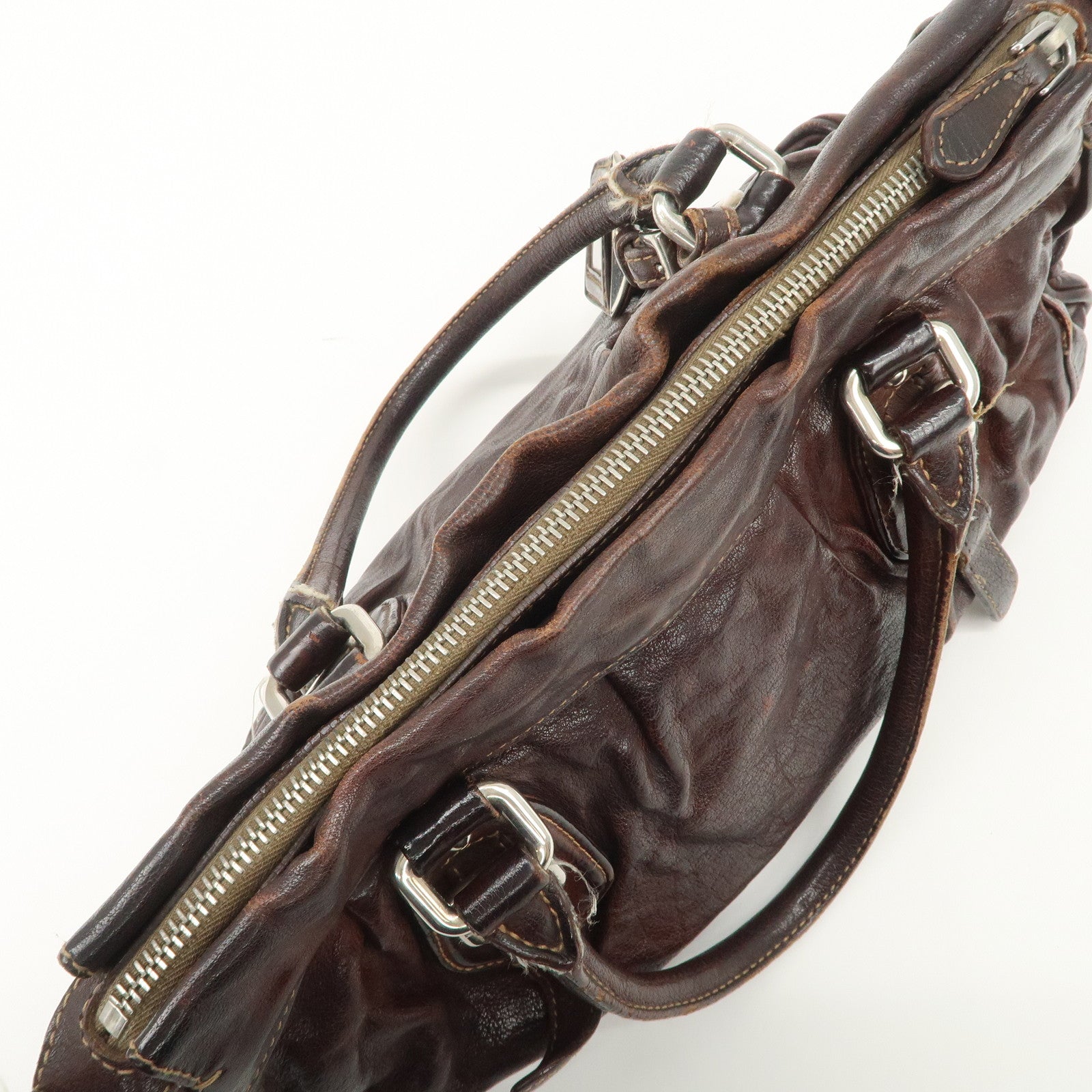 PRADA Triangle Logo Leather 2Way Bag Hand Bag Dark Brown BN1279 Used
