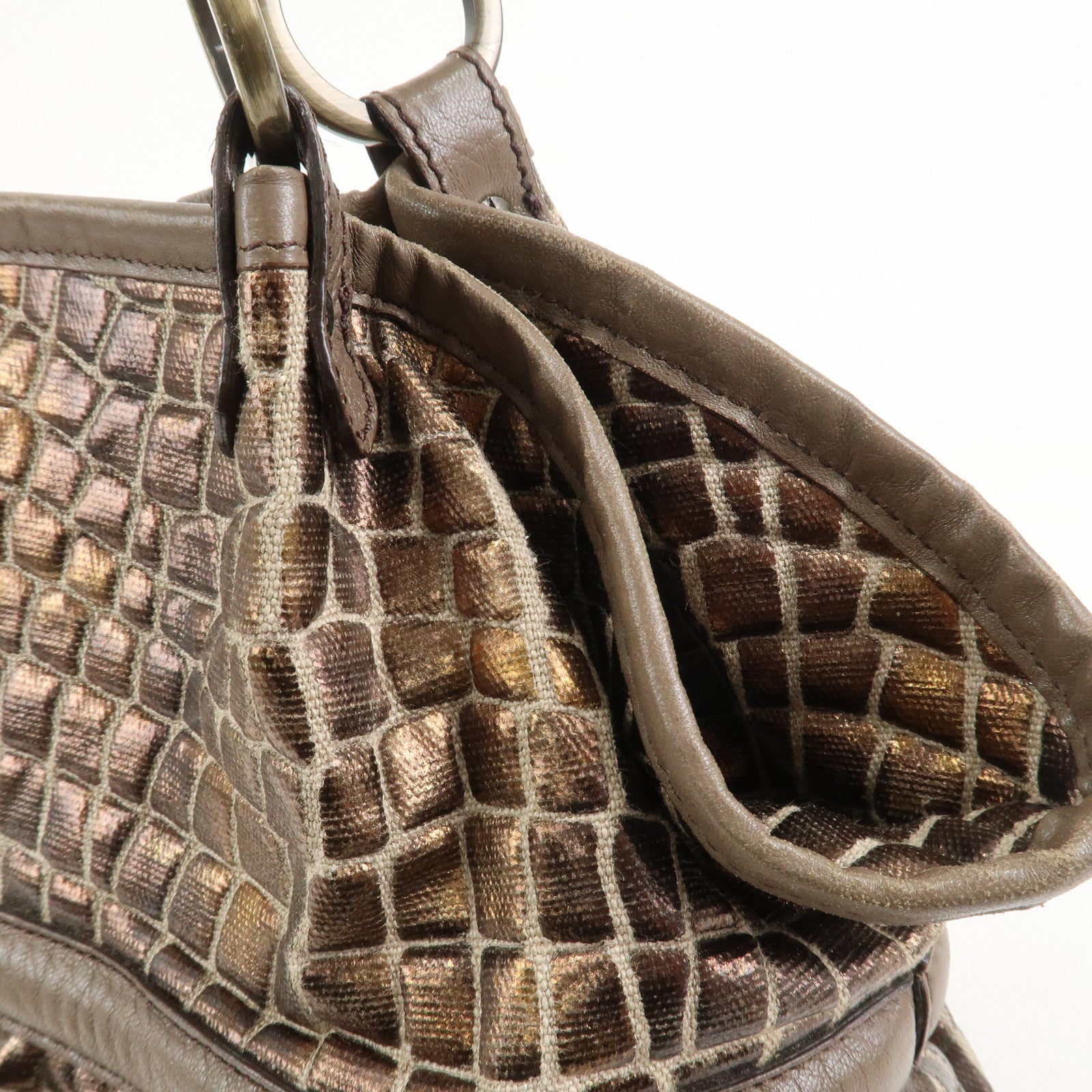 FENDI Embossed Leather Gathered Shoulder Bag Tote Bag Brown 8BH186