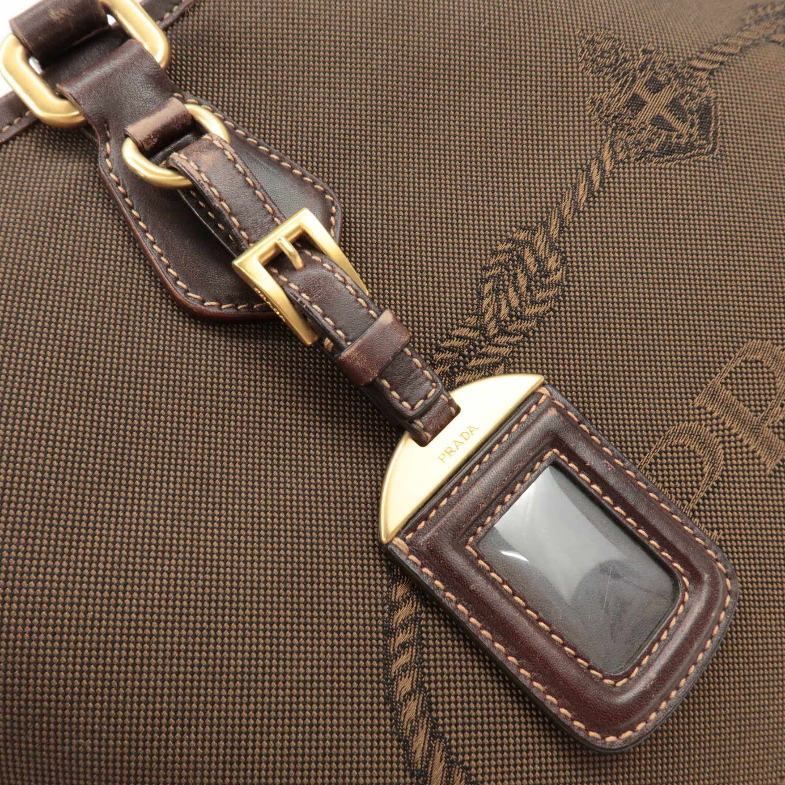 PRADA Triangle Logo Jacquard Leather 2Way Bag Tote Bag Brown Used