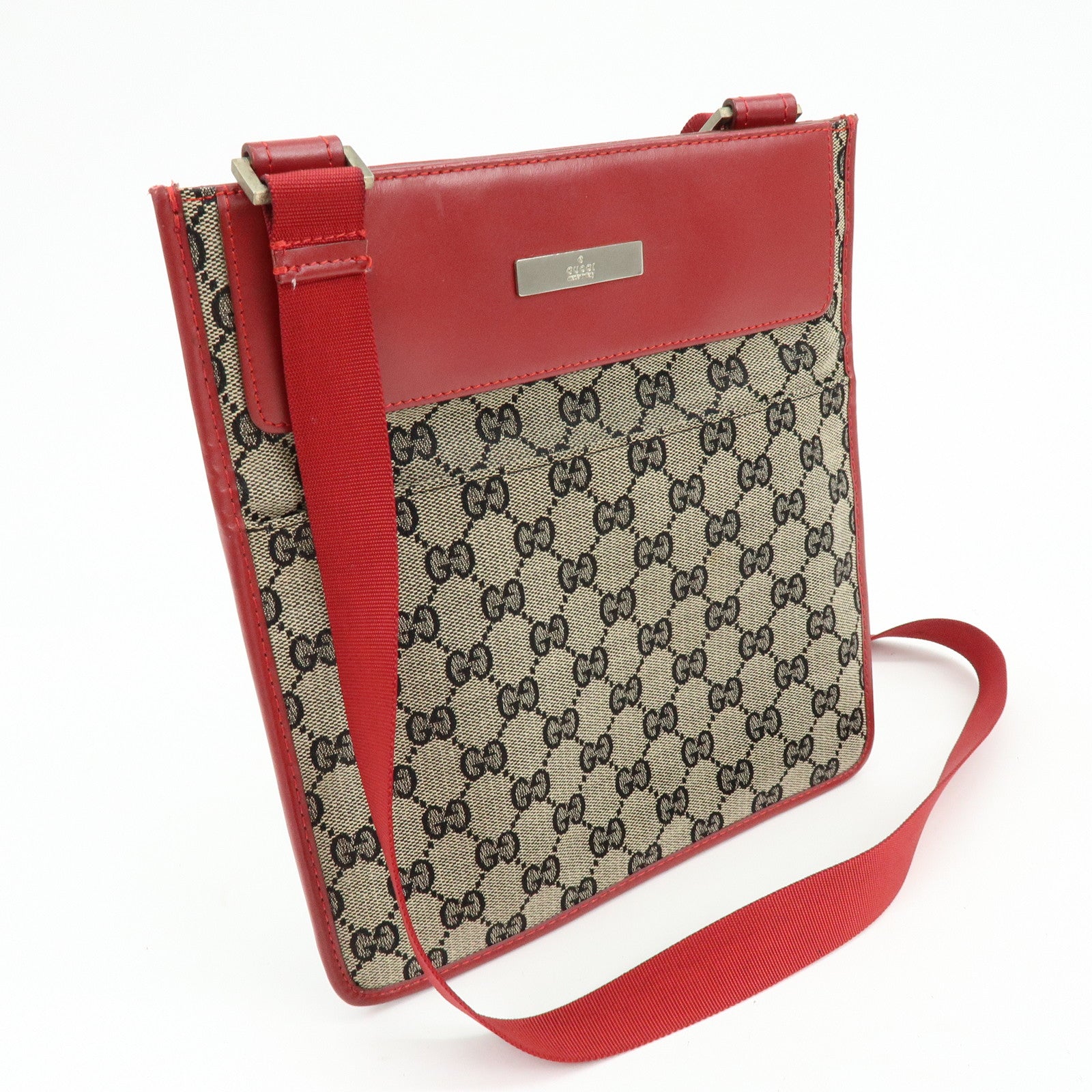 GUCCI GG Canvas Leather Shoulder Bag Beige Red 019・0348・200047