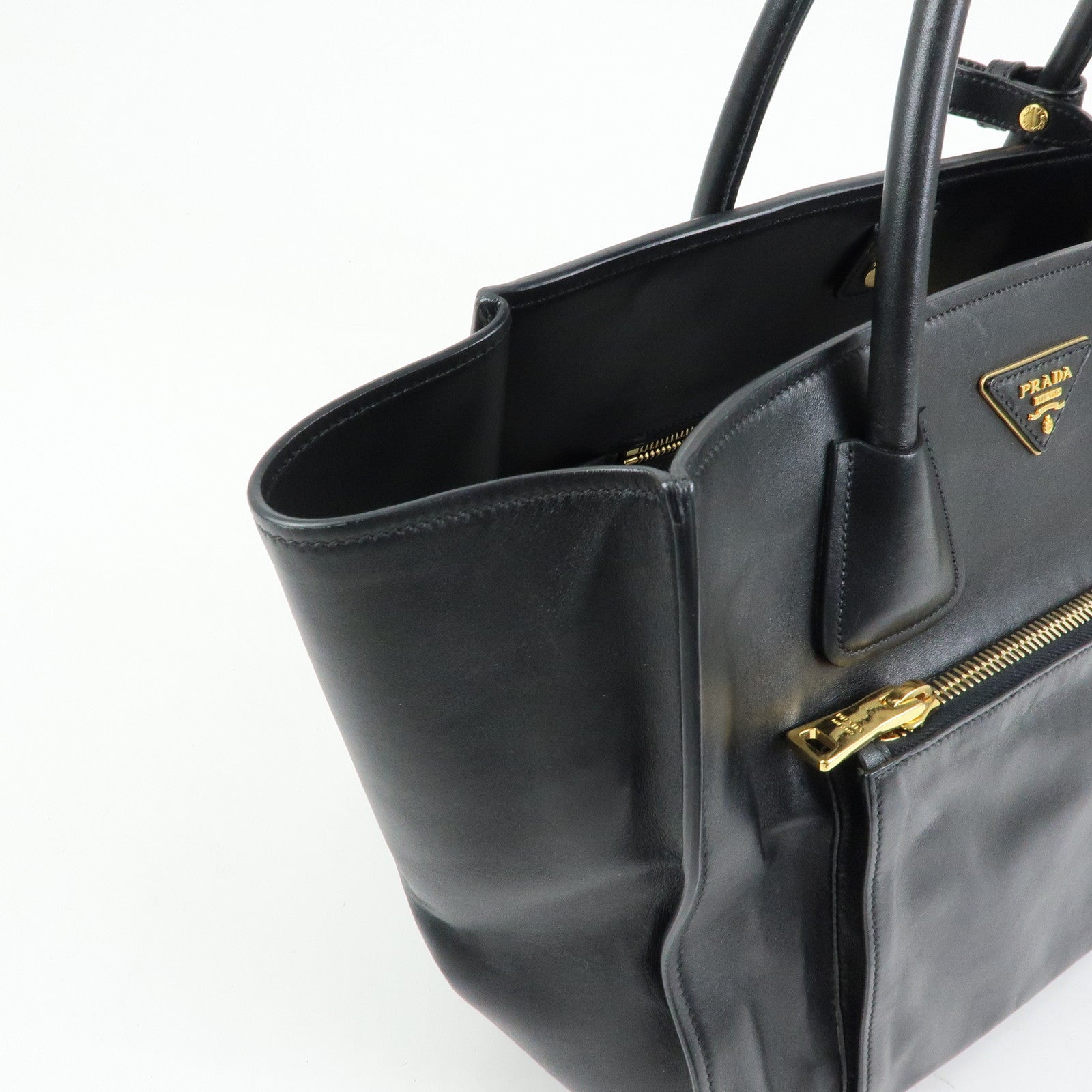 PRADA Triangle Logo Leather 2Way Tote Bag Hand Bag Black BN2626