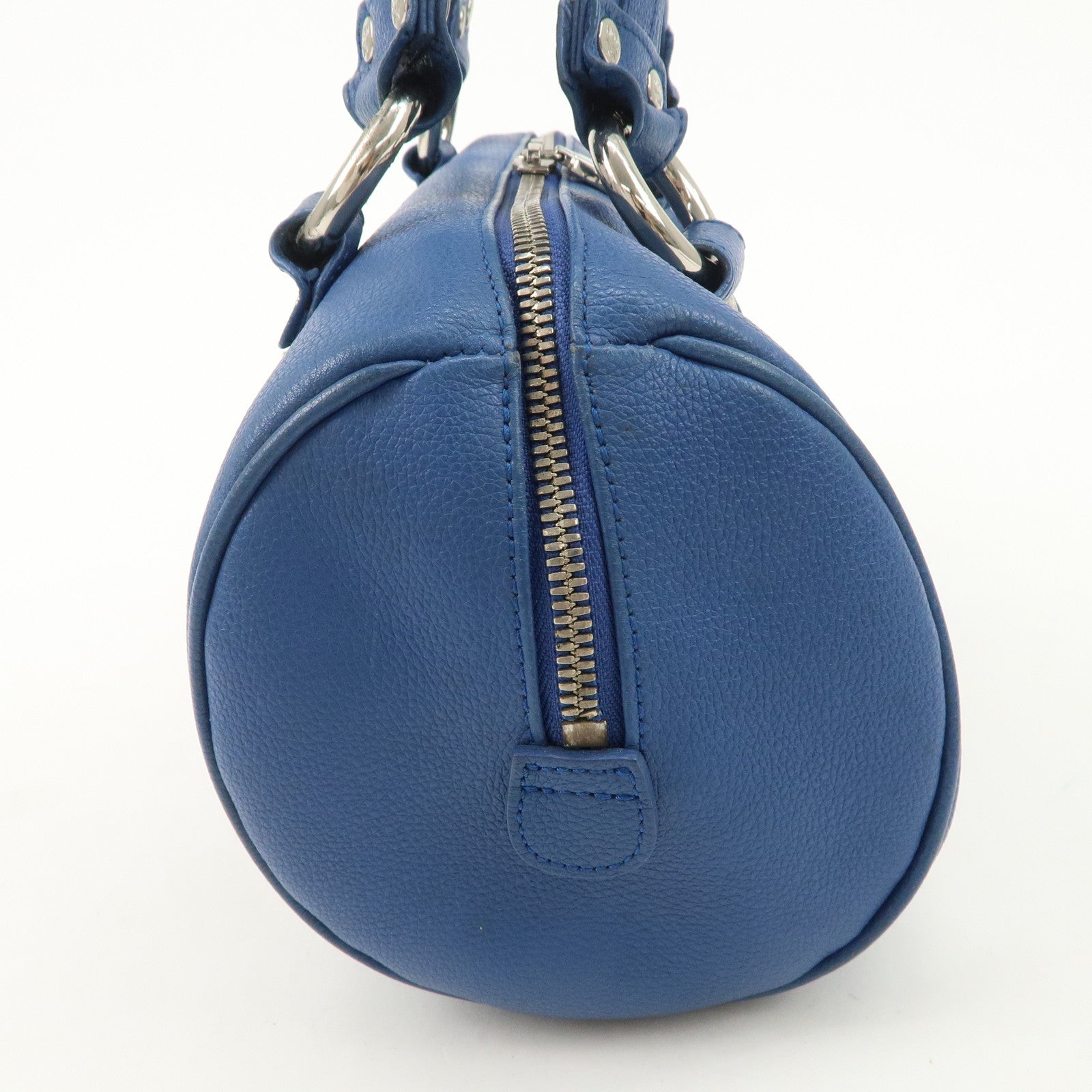 MCM Logo Leather Hand Bag Silver Studs Blue