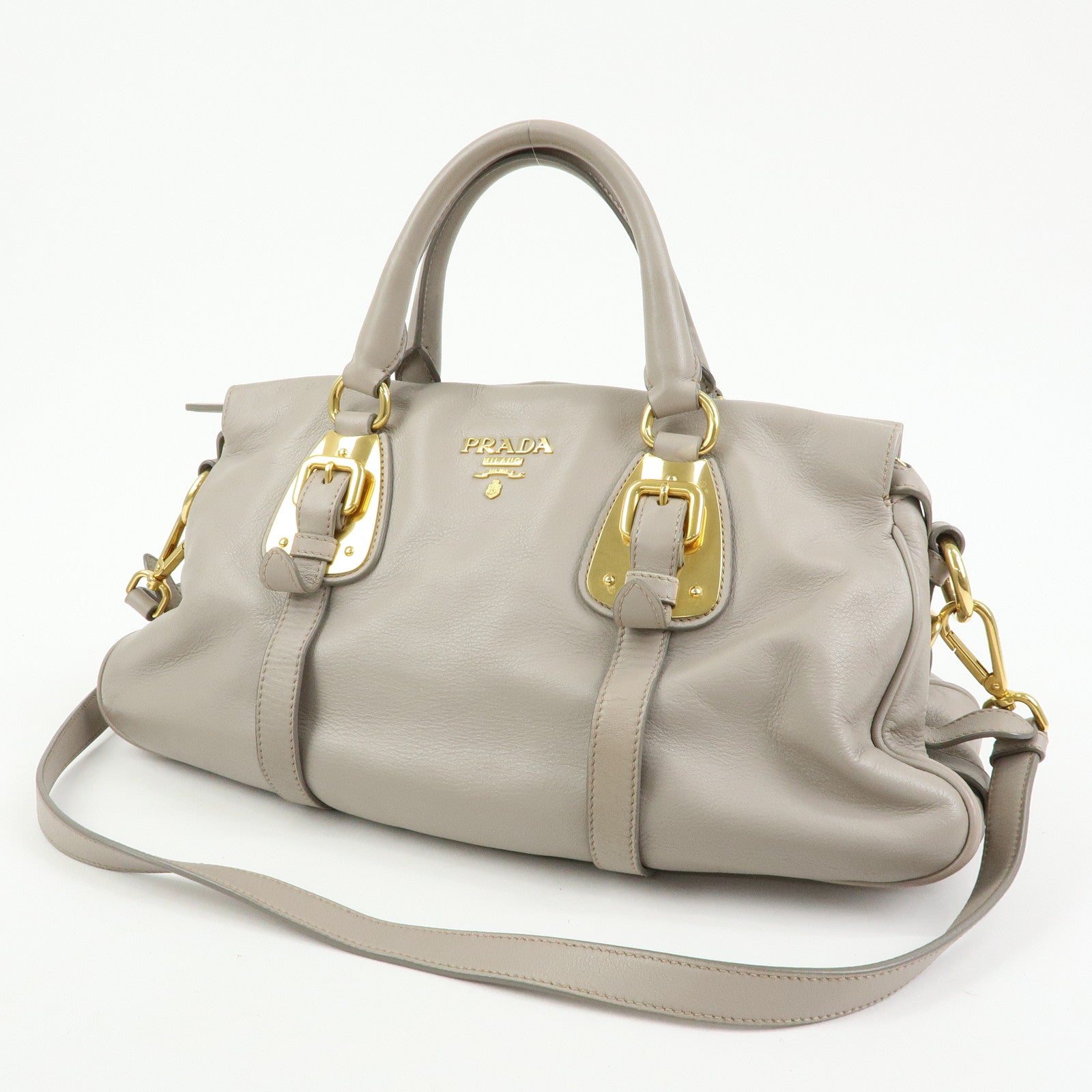 PRADA Logo Leather 2Way Bag Hand Bag Shoulder Bag Greige