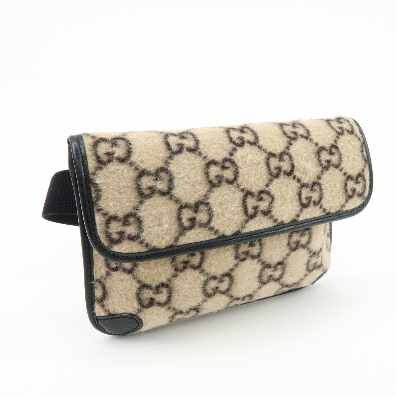 GUCCI GG Wool Leather Waist Pouch Body Bag Beige Black 598181