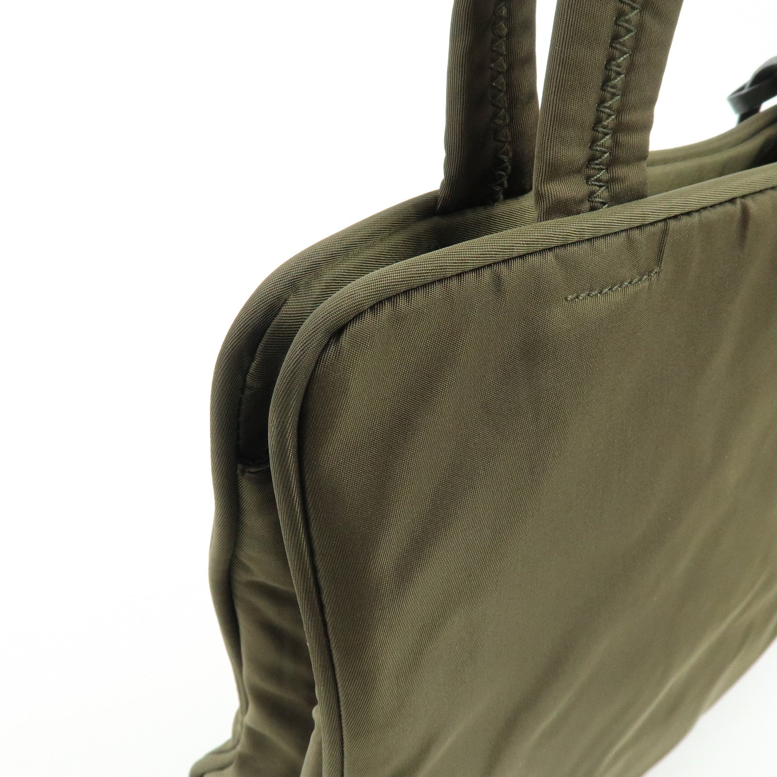 PRADA Triangle Logo Nylon Leather Tote Bag Hand Bag Khaki