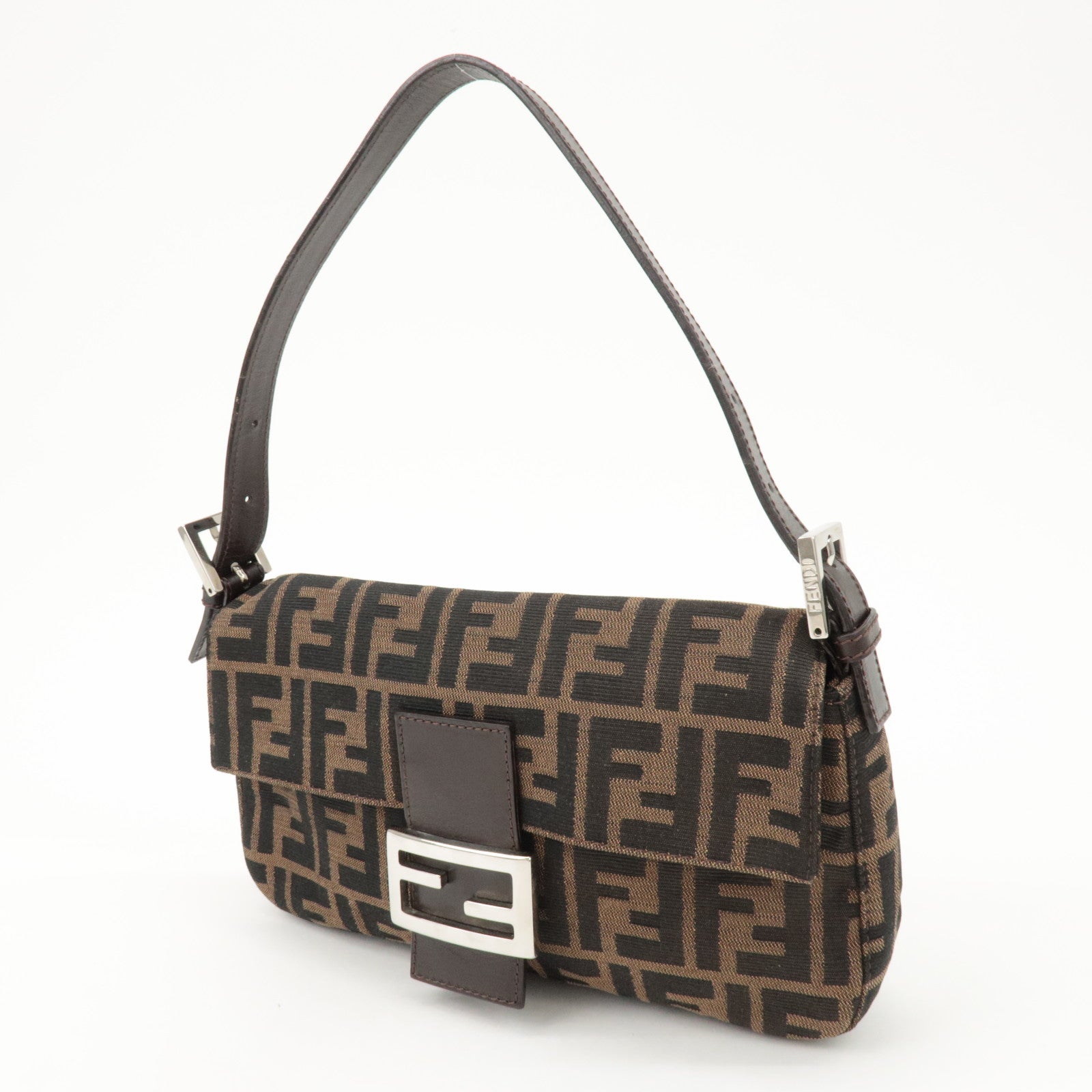FENDI Mamma Baguette Zucca Canvas Shoulder Bag Brown Black 26424 Used
