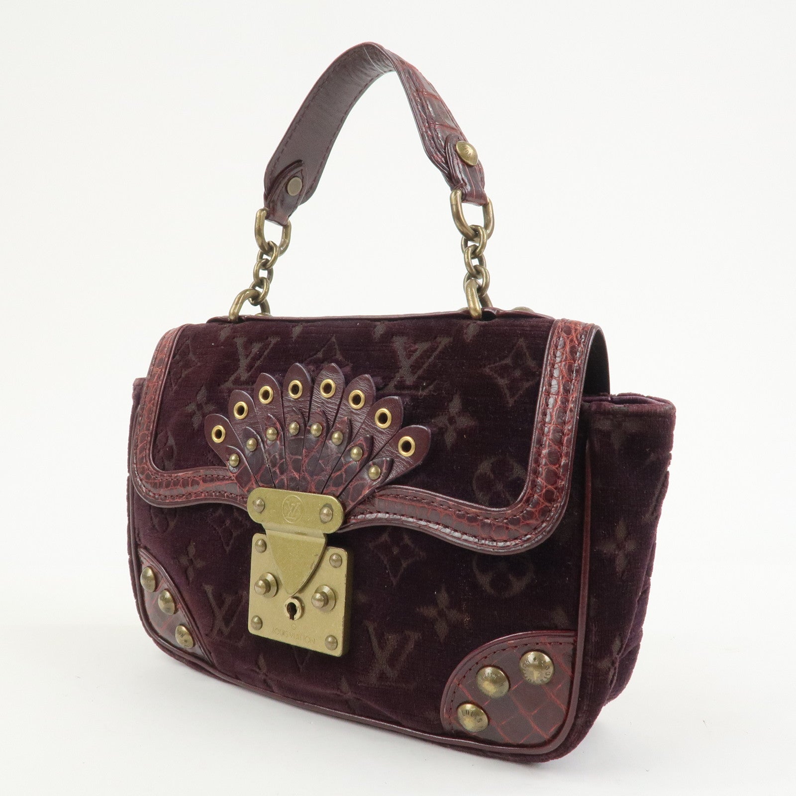 Louis Vuitton Monogram Vleur Velvet Leather Hand Bag Burgundy