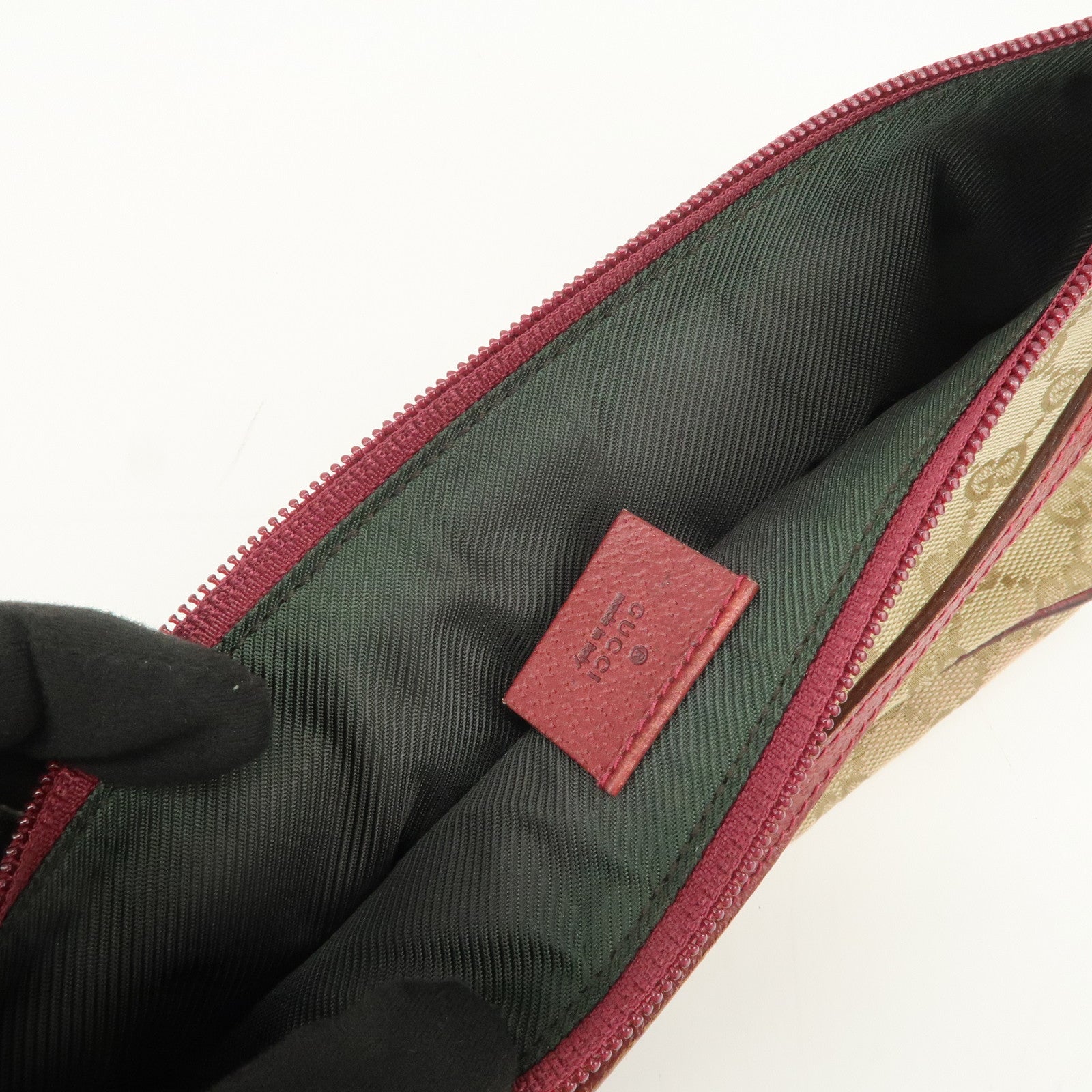 GUCCI Boat Bag GG Canvas Leather Hand Bag Pouch Beige Red 07198