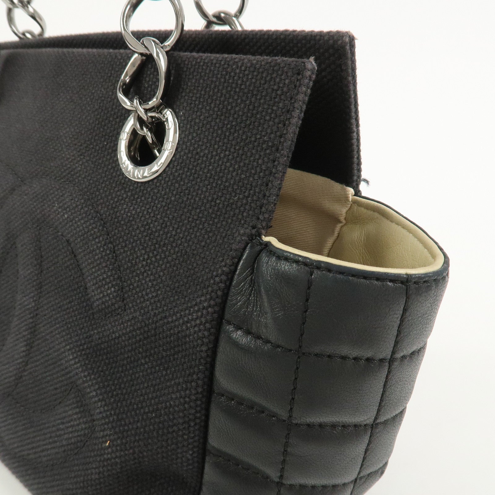 CHANEL Chocolate Bar Lamb Skin Canvas Shoulder Bag Hand Bag Black