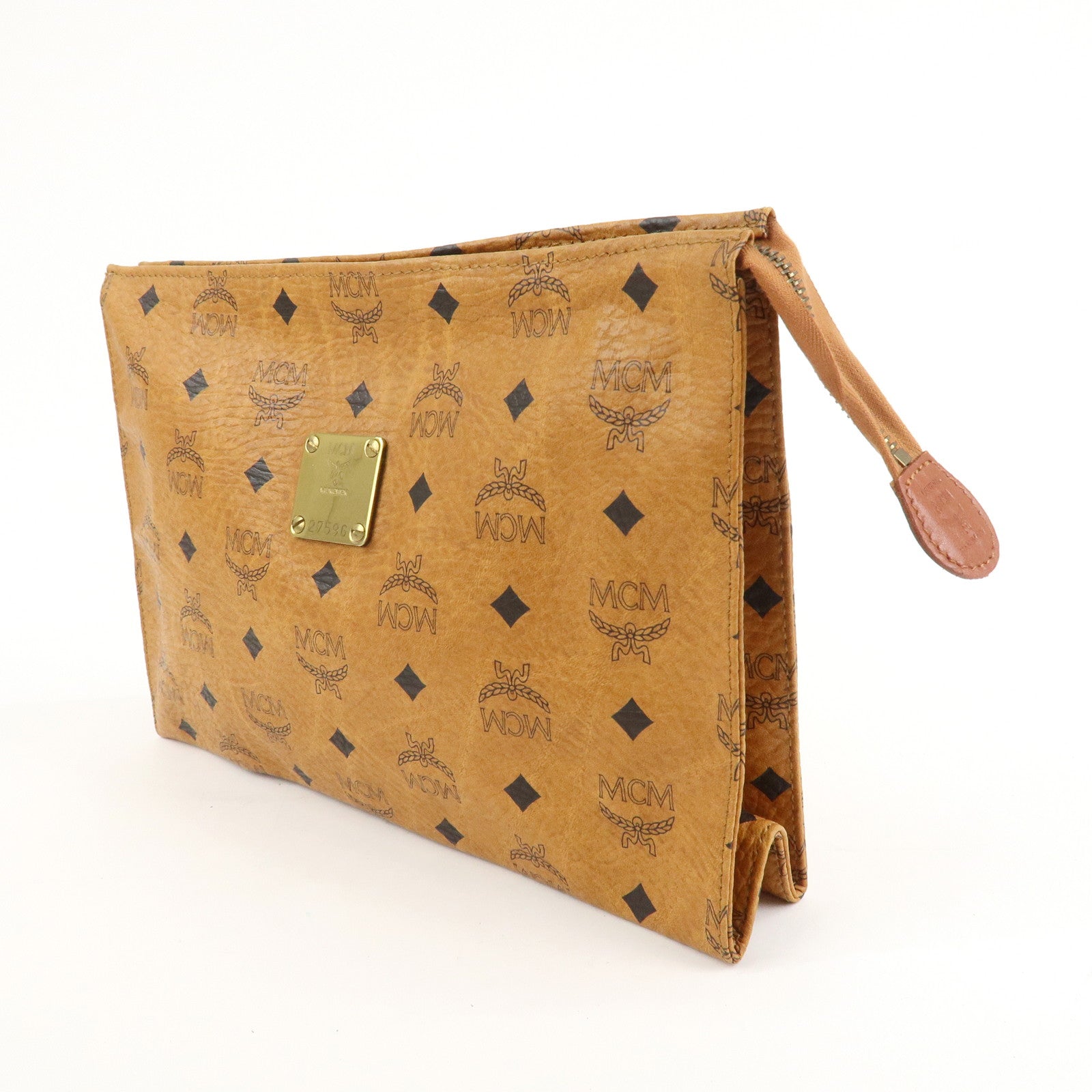 MCM Visetos Leather Clutch Bag Brown Gold Hardware