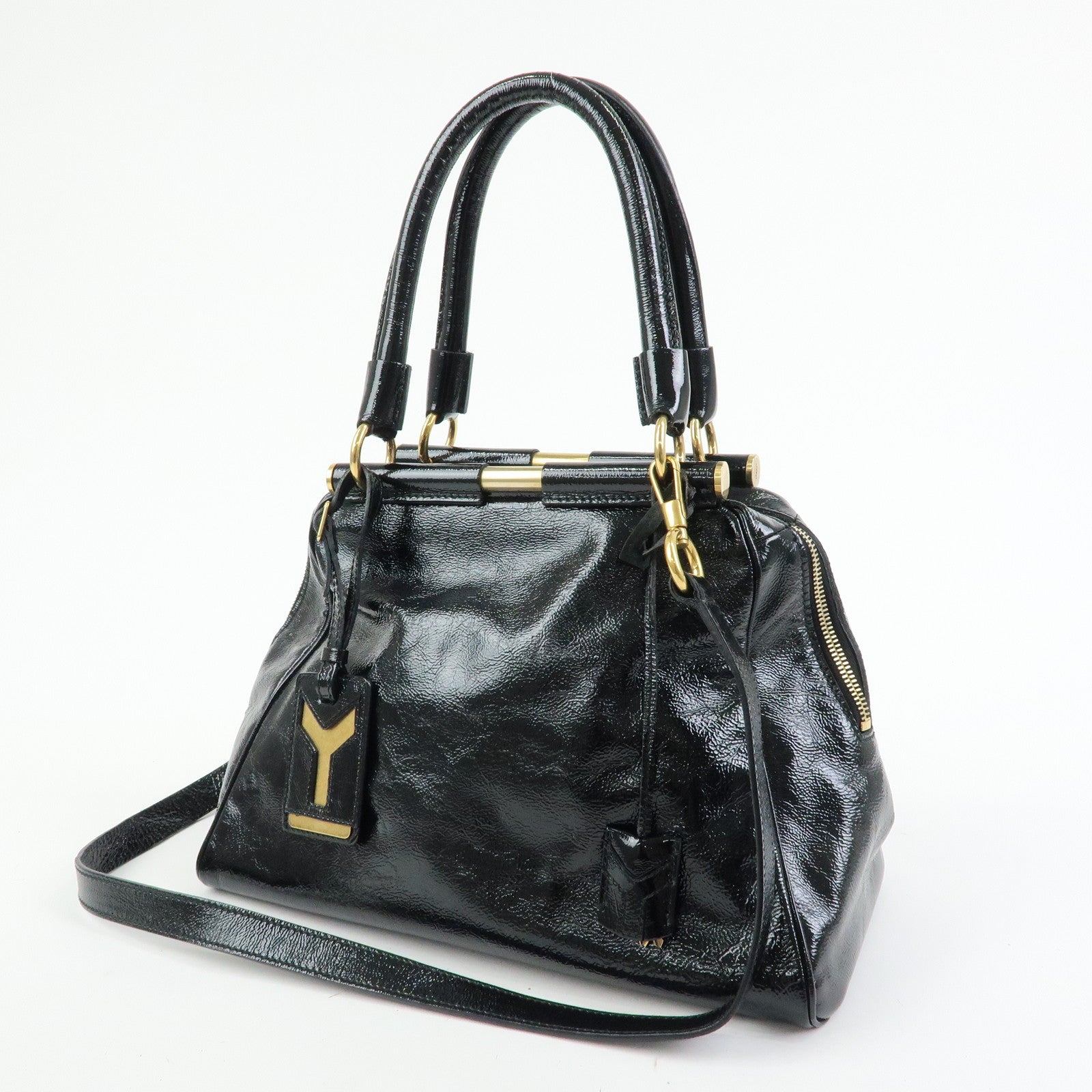 SAINT LAURENT PARIS Y Line Patent Leather 2Way Bag Black 197153