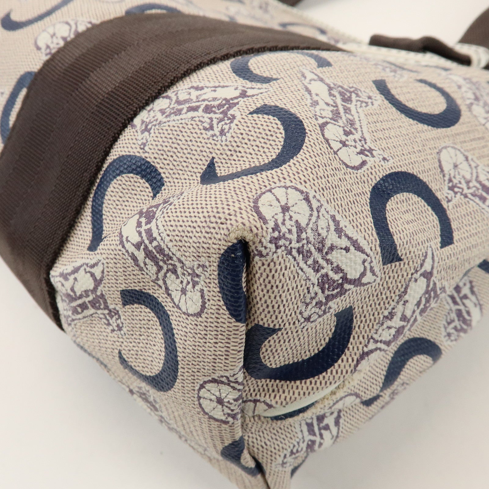 CELINE C Macadam PVC Nylon Leather Tote Bag Hand Bag Brown Beige