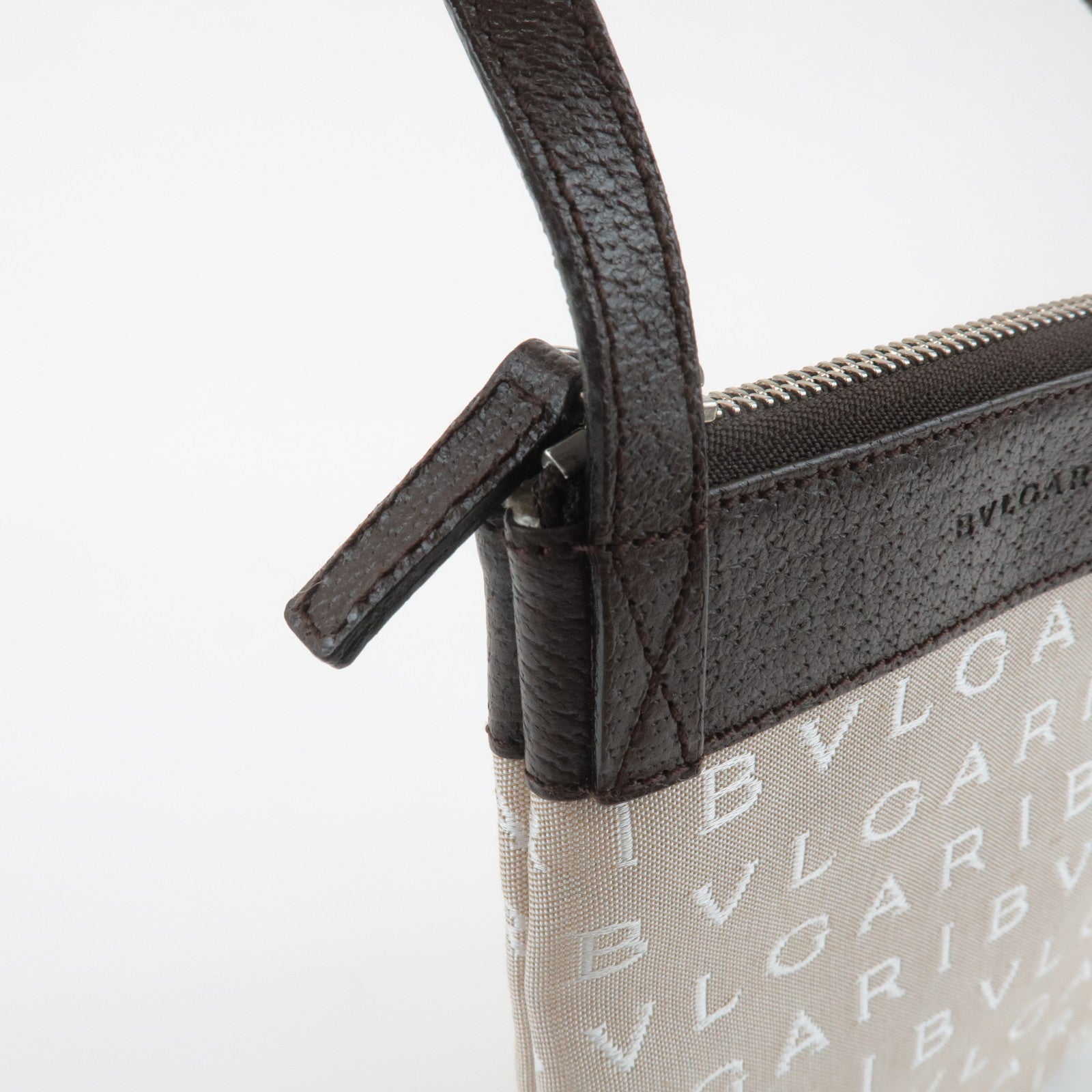 BVLGARI Logo Mania Canvas Leather Shoulder Bag Beige Brown Used