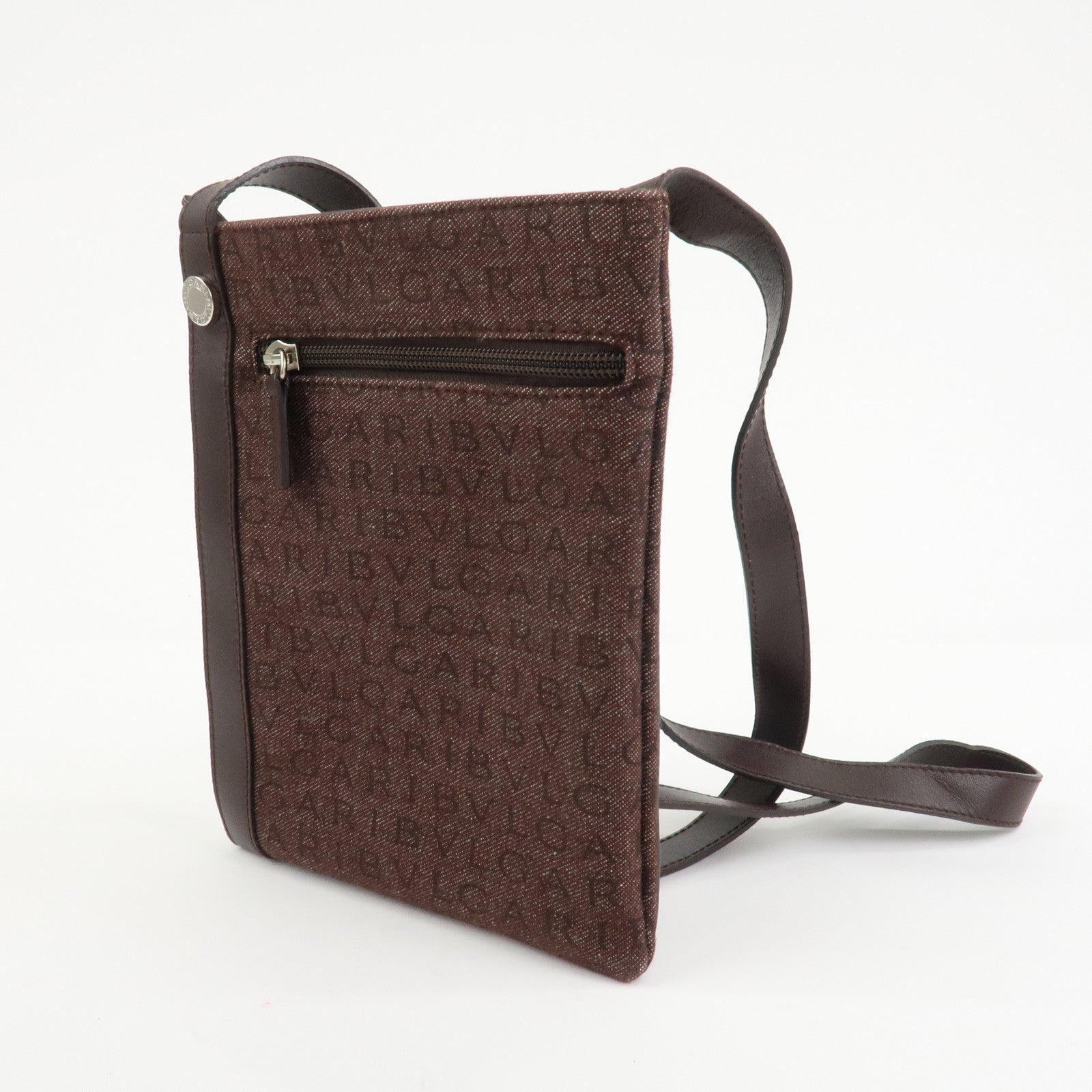 BVLGARI Logo Mania Canvas Leather Shoulder Bag Crossbody Bag Brown