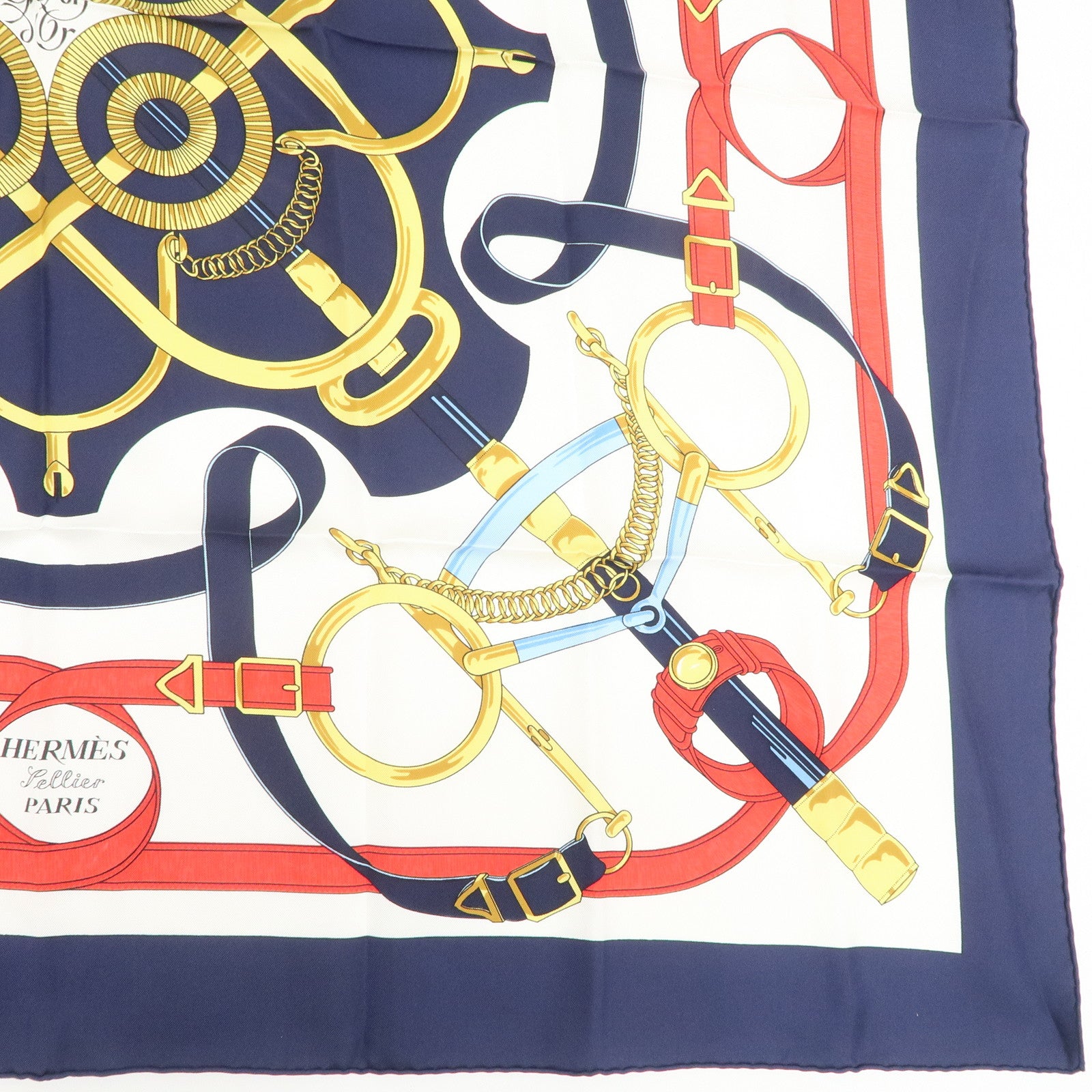 HERMES Carre 90 Silk 100% Eperon d'or Scarf White Navy