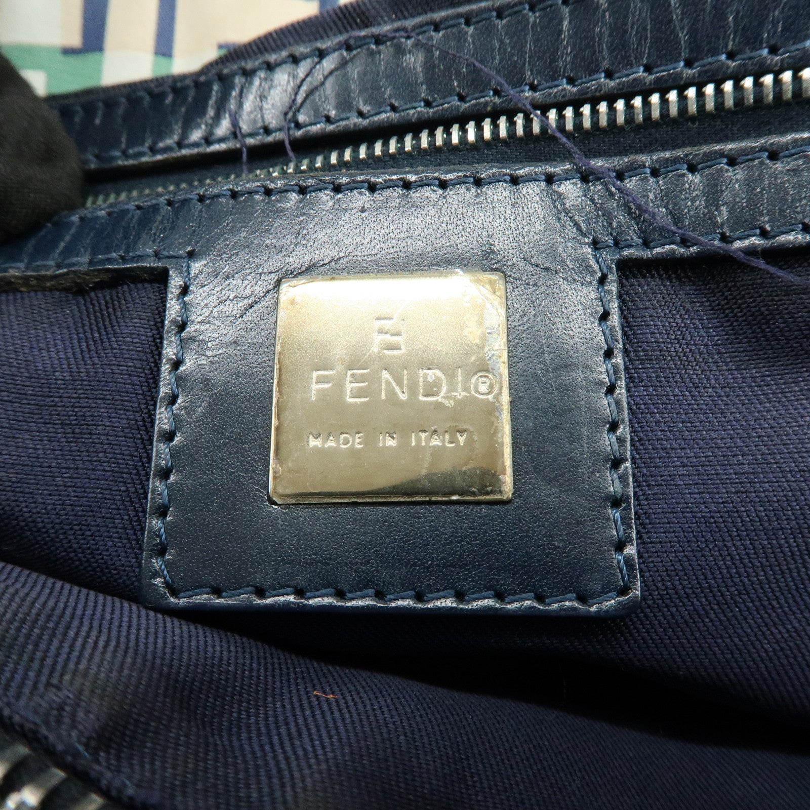 FENDI Zucca Nylon Leather Tote Bag Shoulder Bag Navy Green