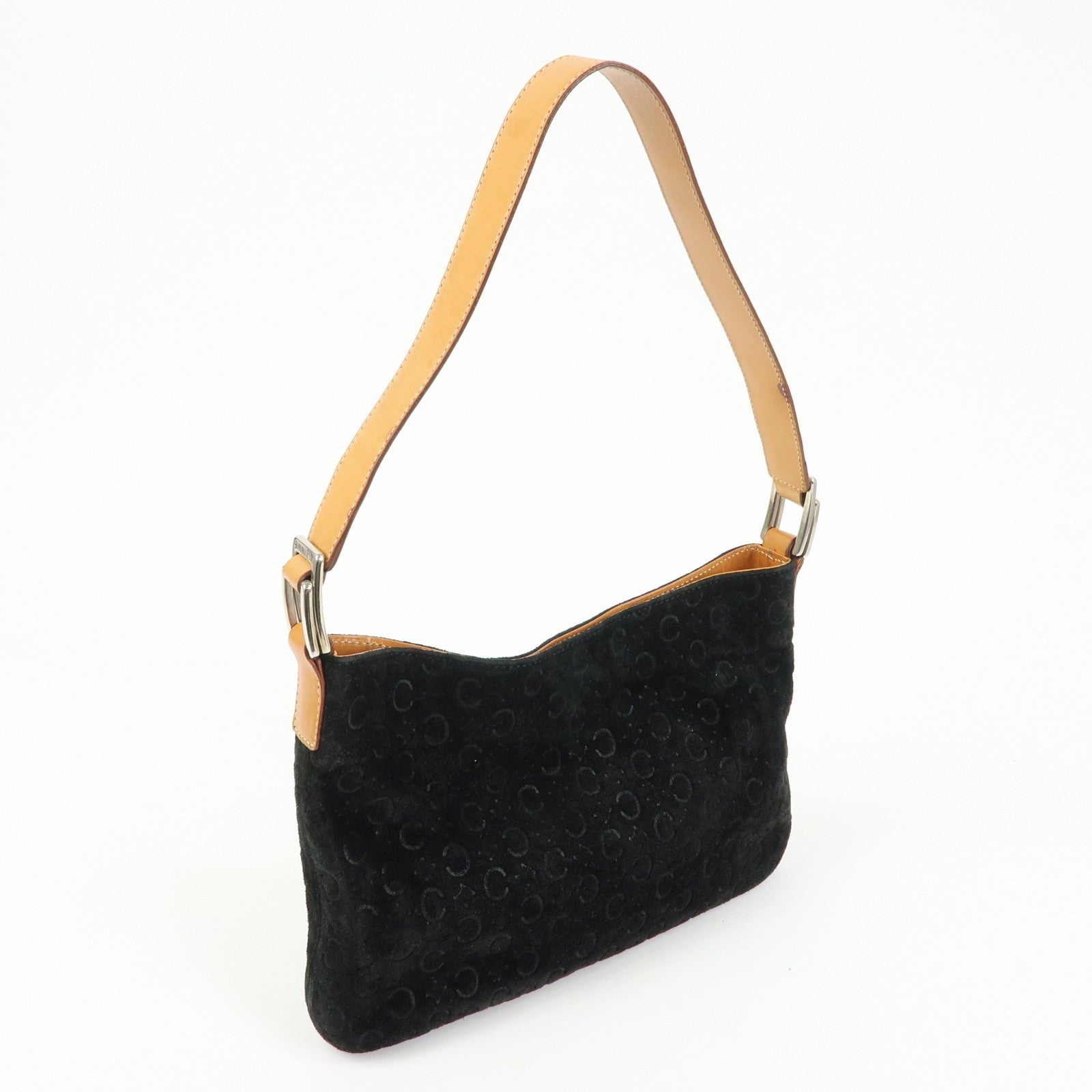 CELINE C Macadam Suede Leather Shoulder Bag Black Brown