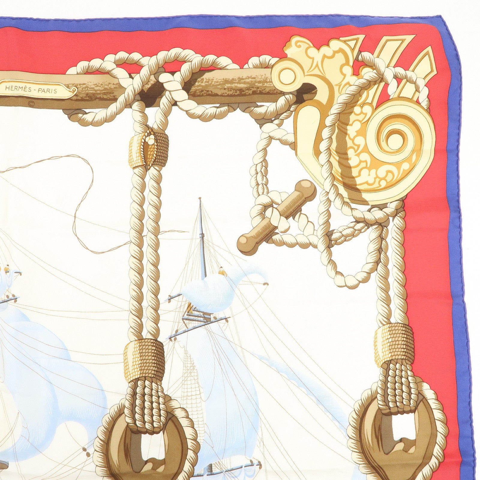 HERMES Carre 90 Silk 100% Lephyr Scarf Ivory Red Blue