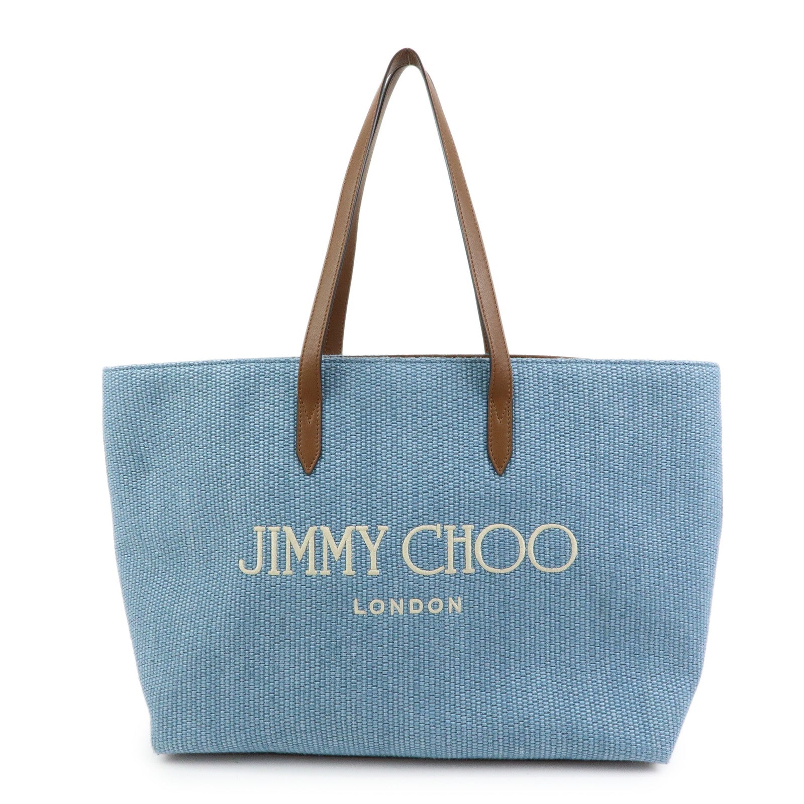 JIMMY CHOO Raffia Leather Tote Bag Shoulder Bag Blue Brown