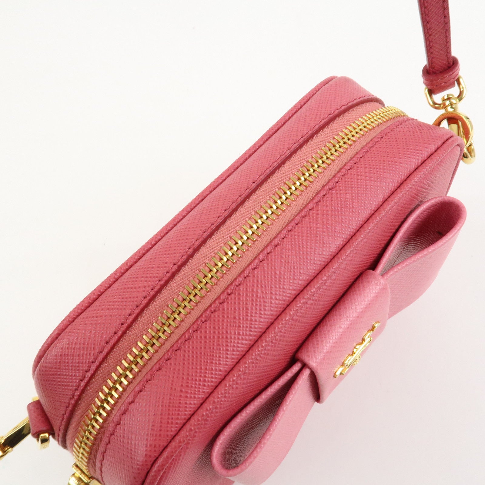 PRADA Saffiano Leather Ribbon Mini Camera Shoulder Bag Pink 1N1674