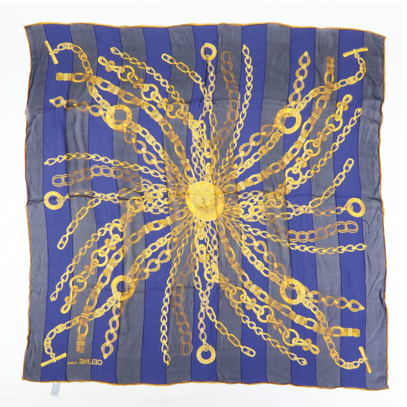 CELINE Silk 100% Chiffon Scarf Gold Chain Motif Navy Gold