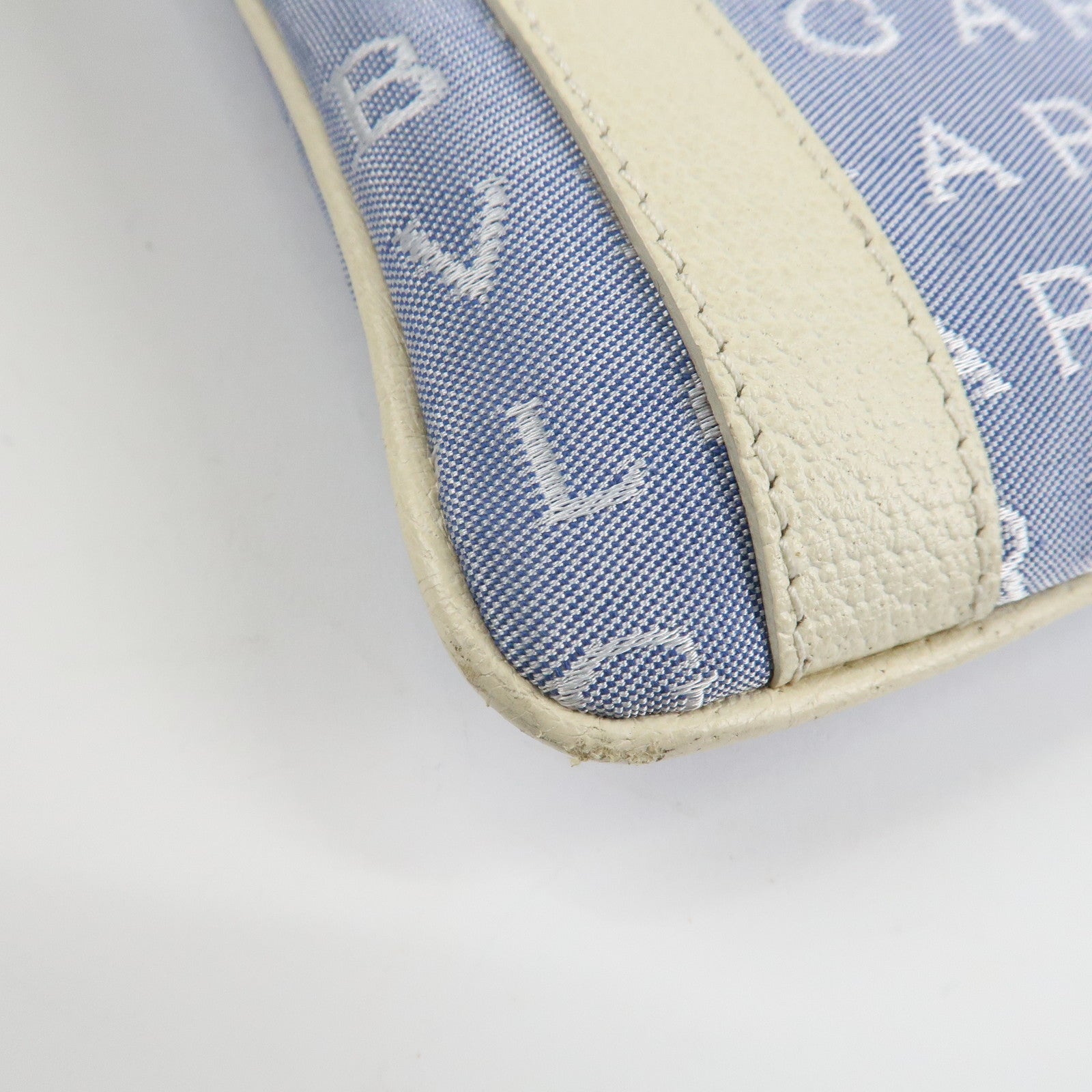 BVLGARI Logo Mania Leather Canvas Shoulder Bag Ivory Light Blue Used