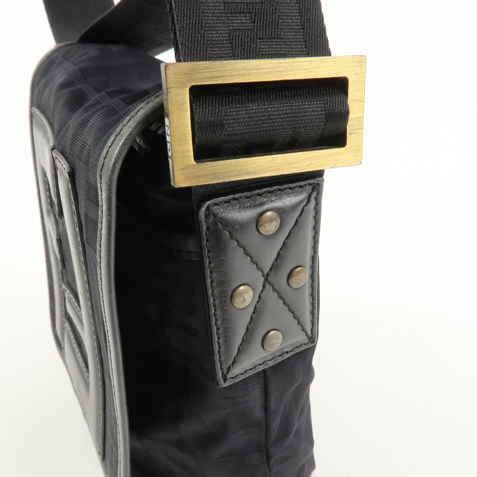 FENDI Zucca Canvas Leather Shoulder Bag Crossbody Bag Black7VA155