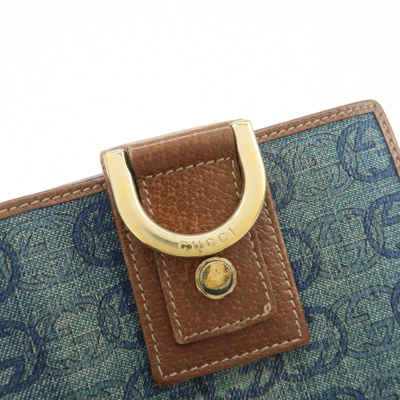 GUCCI Denim Leather Bi-Fold Compact Wallet Blue Brown