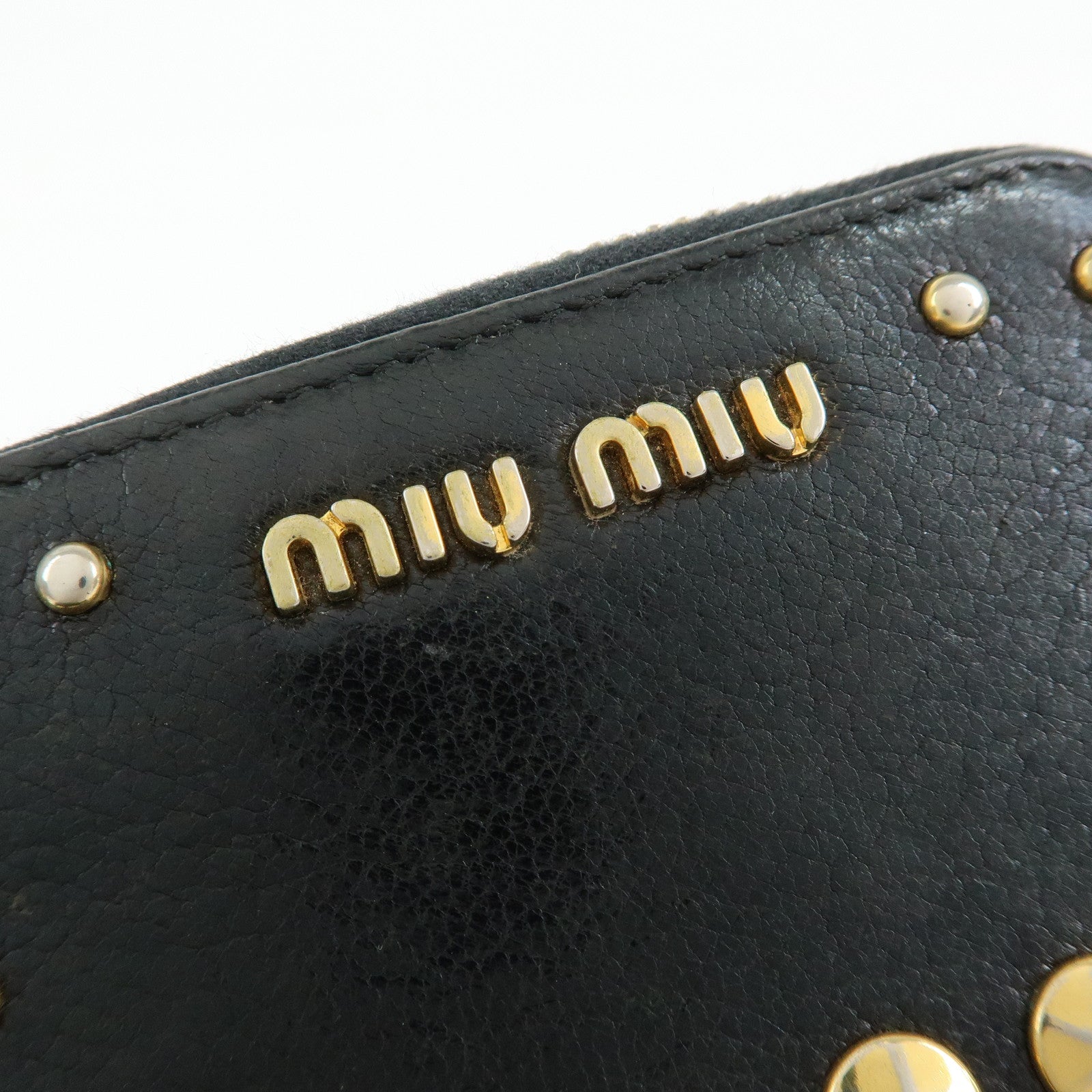 MIU MIU Madras Leather Studs Compact Coin Case Wallet Black