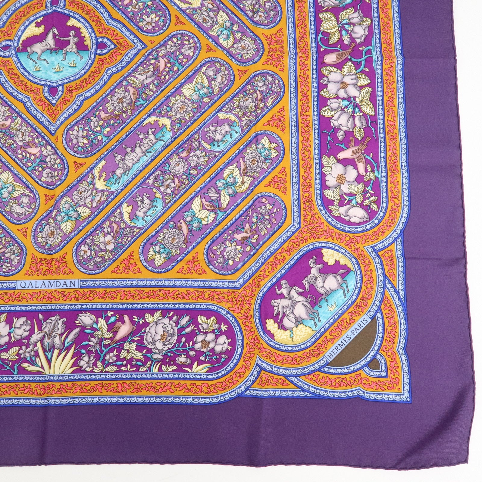 HERMES Carre 90 Silk 100% Scarf QALAMDAN Purple Orange
