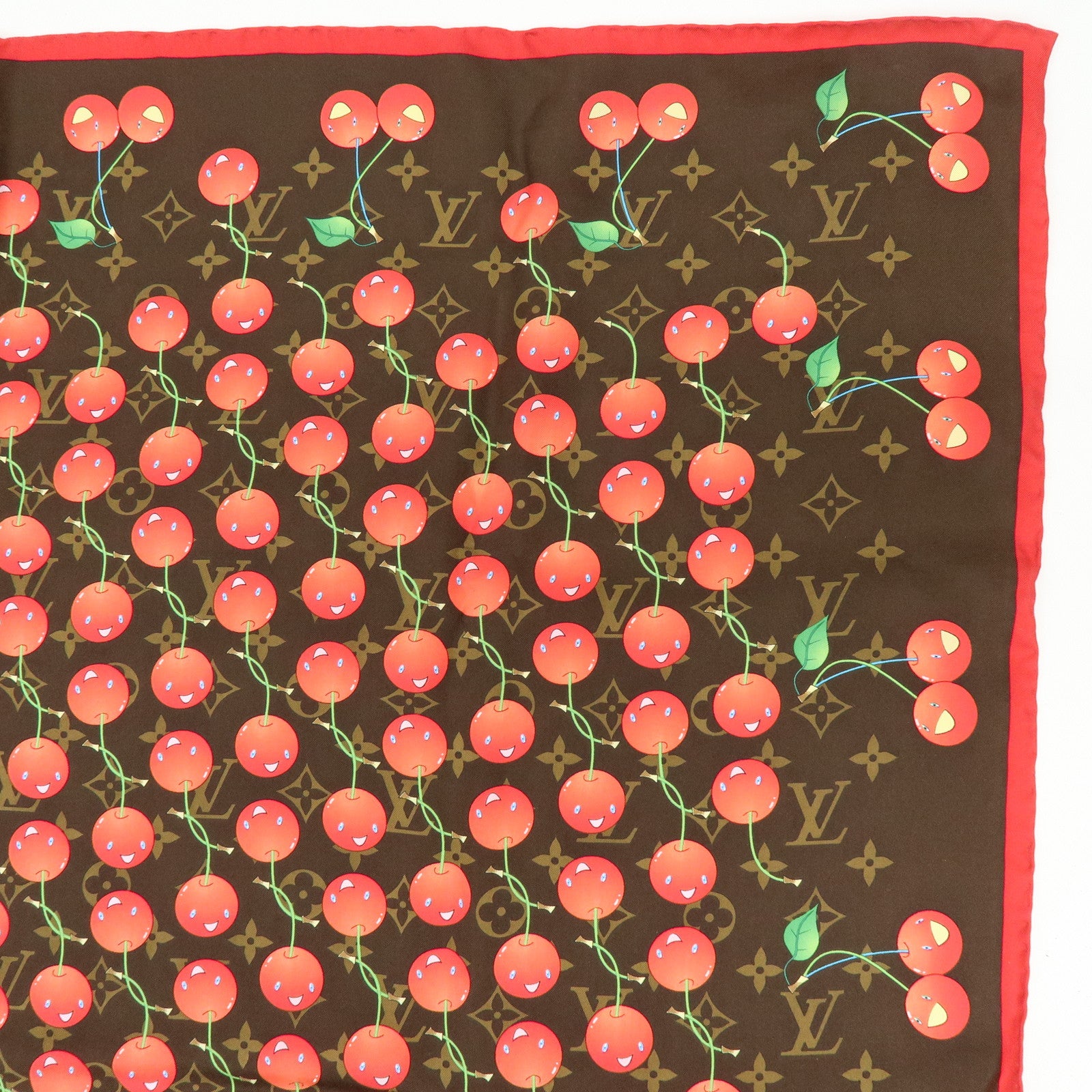 Louis Vuitton Monogram Cherry Silk 100% Scarf Brown Red M71962