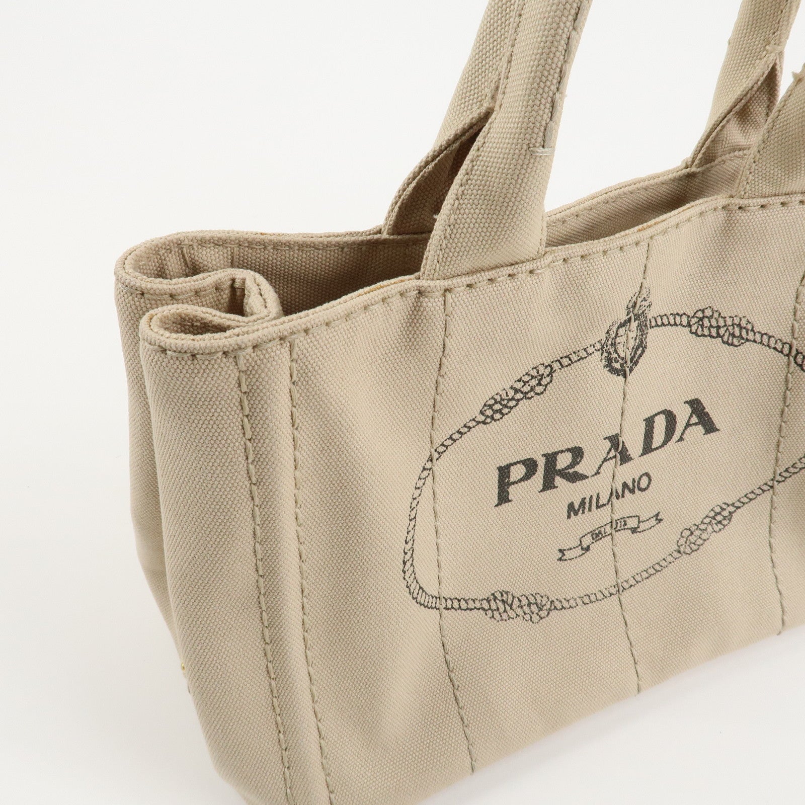 PRADA Logo Canapa Mini Canvas Tote Bag Hand Bag Beige 1BG439 Used