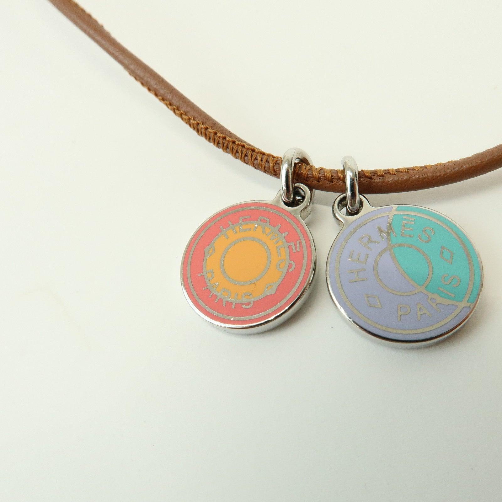 HERMES Logo Leather Metal Necklace Brown Pink Light Blue