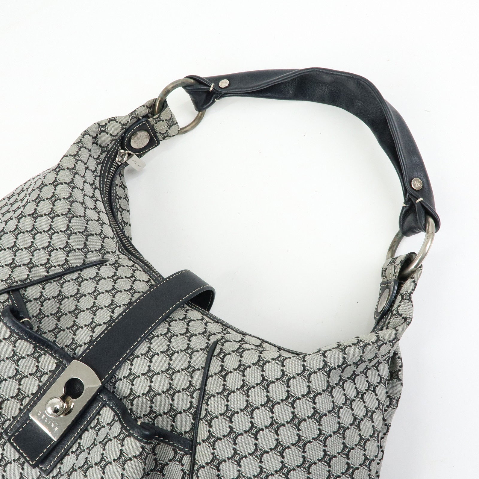 CELINE Macadam Canvas Leather Hand Bag Shoulder Bag Navy