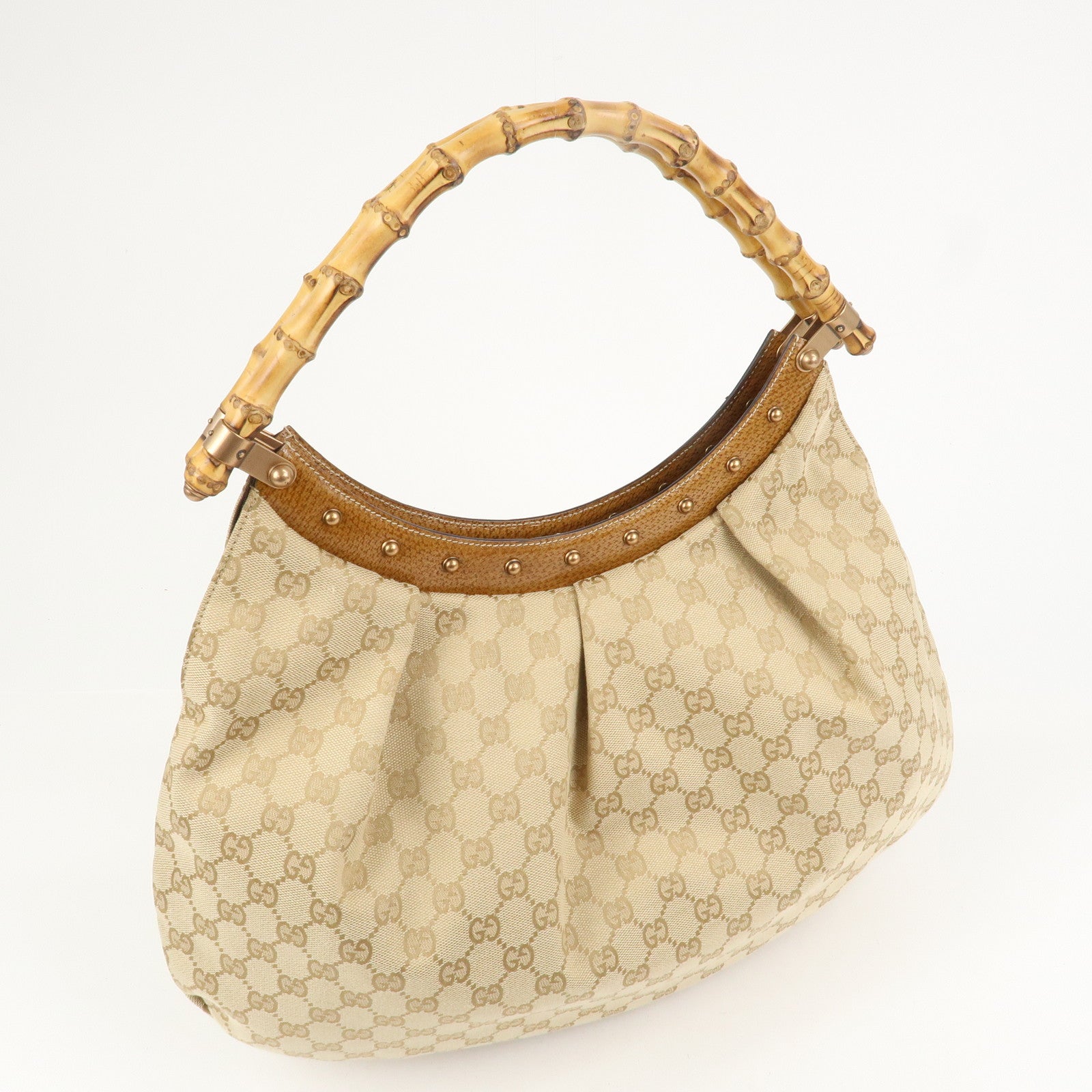 GUCCI Bamboo GG Canvas Leather Shoulder Bag Hand Bag Beige 124293