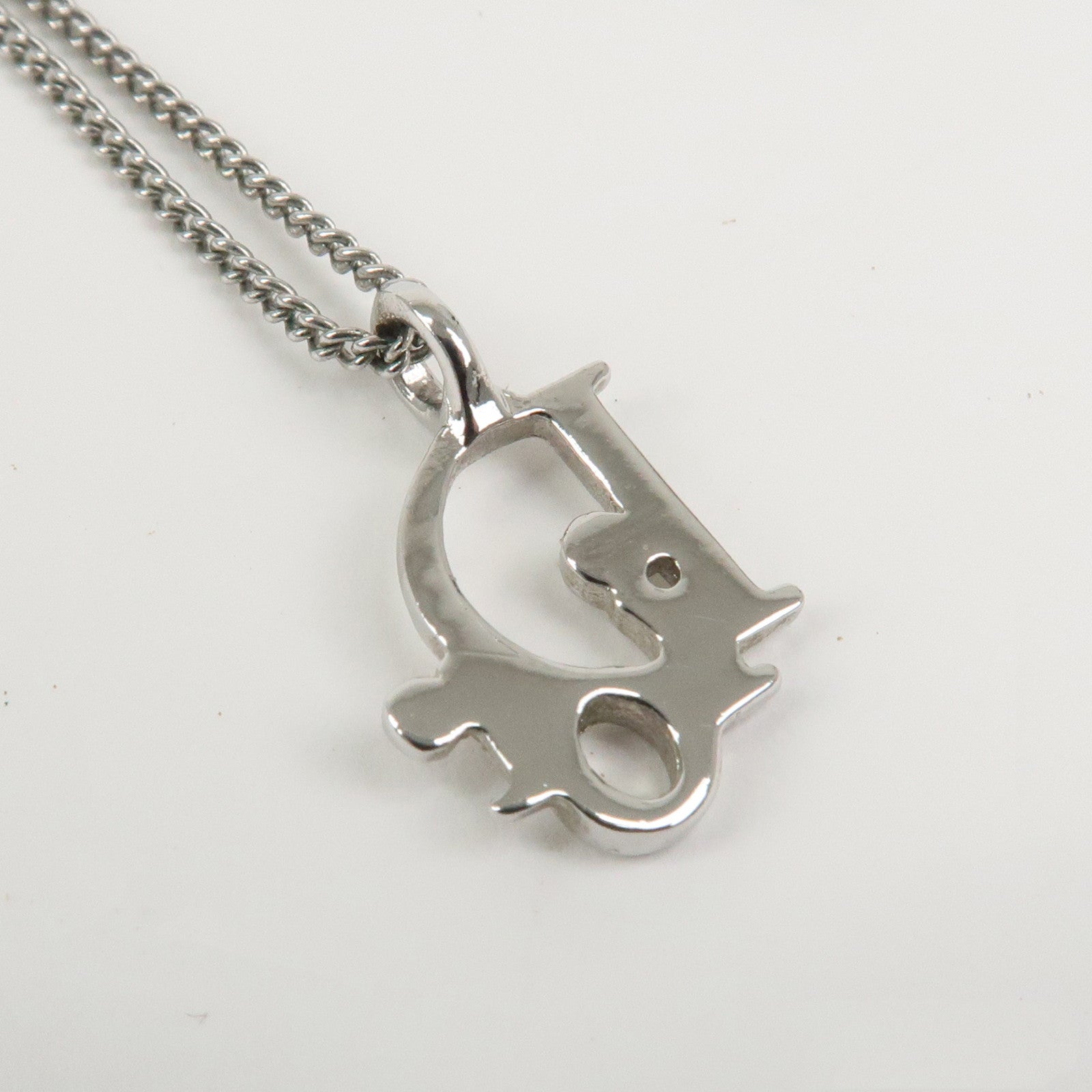 Christian Dior Tone Logo Metal Pendant Necklace Silver