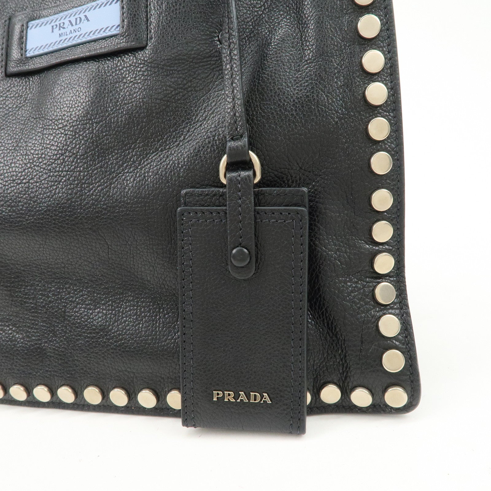 PRADA Logo Etiquette Leather Tote Bag Studs Black 1BG121