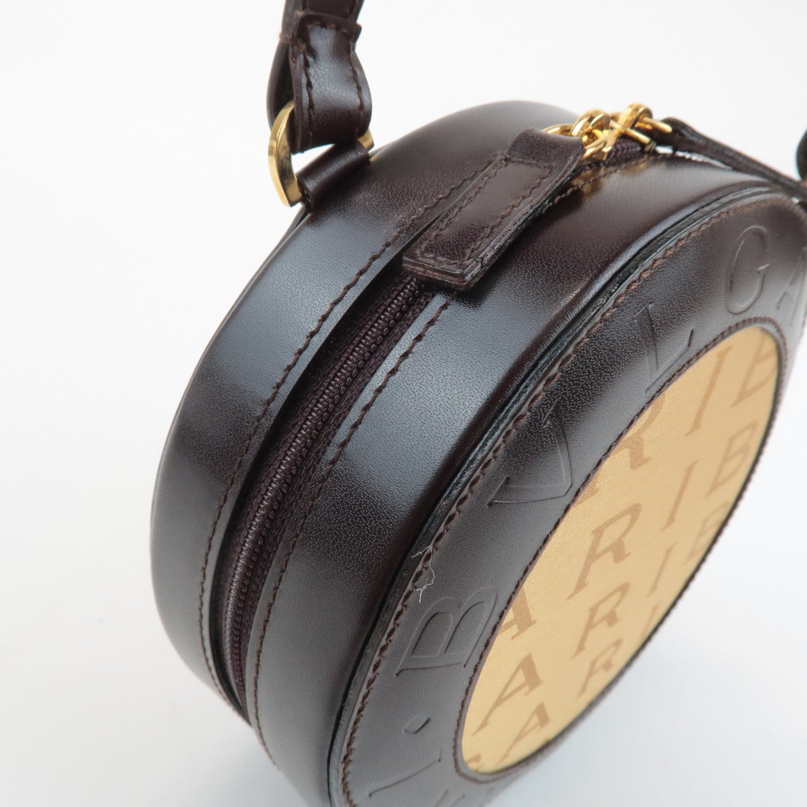 BVLGARI Logo Mania Canvas Leather B-Zero1 Drum Shoulder Bag Brown Used