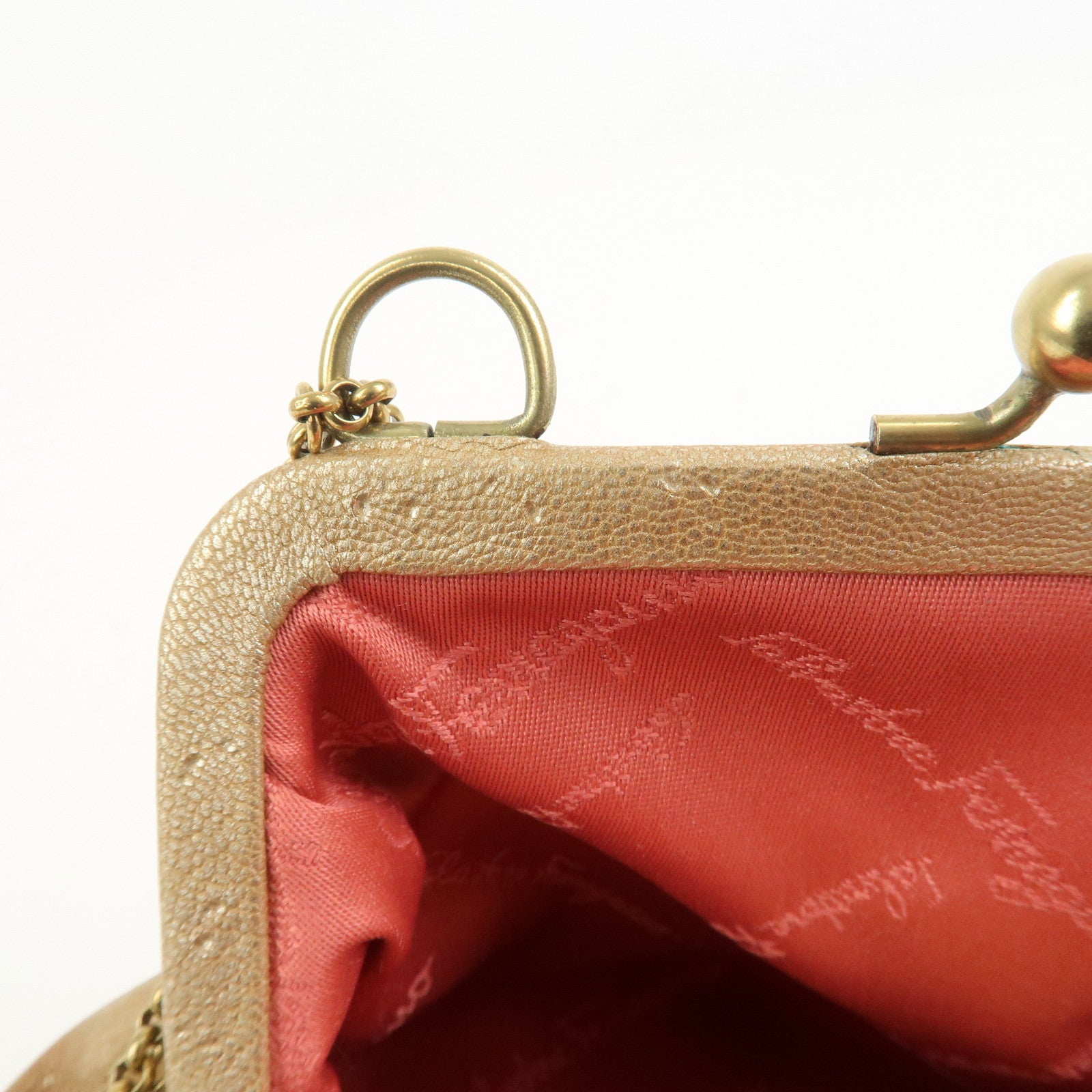 Ferragamo Leather Turtle Motif Chain Hand Bag Metallic Pink Beige